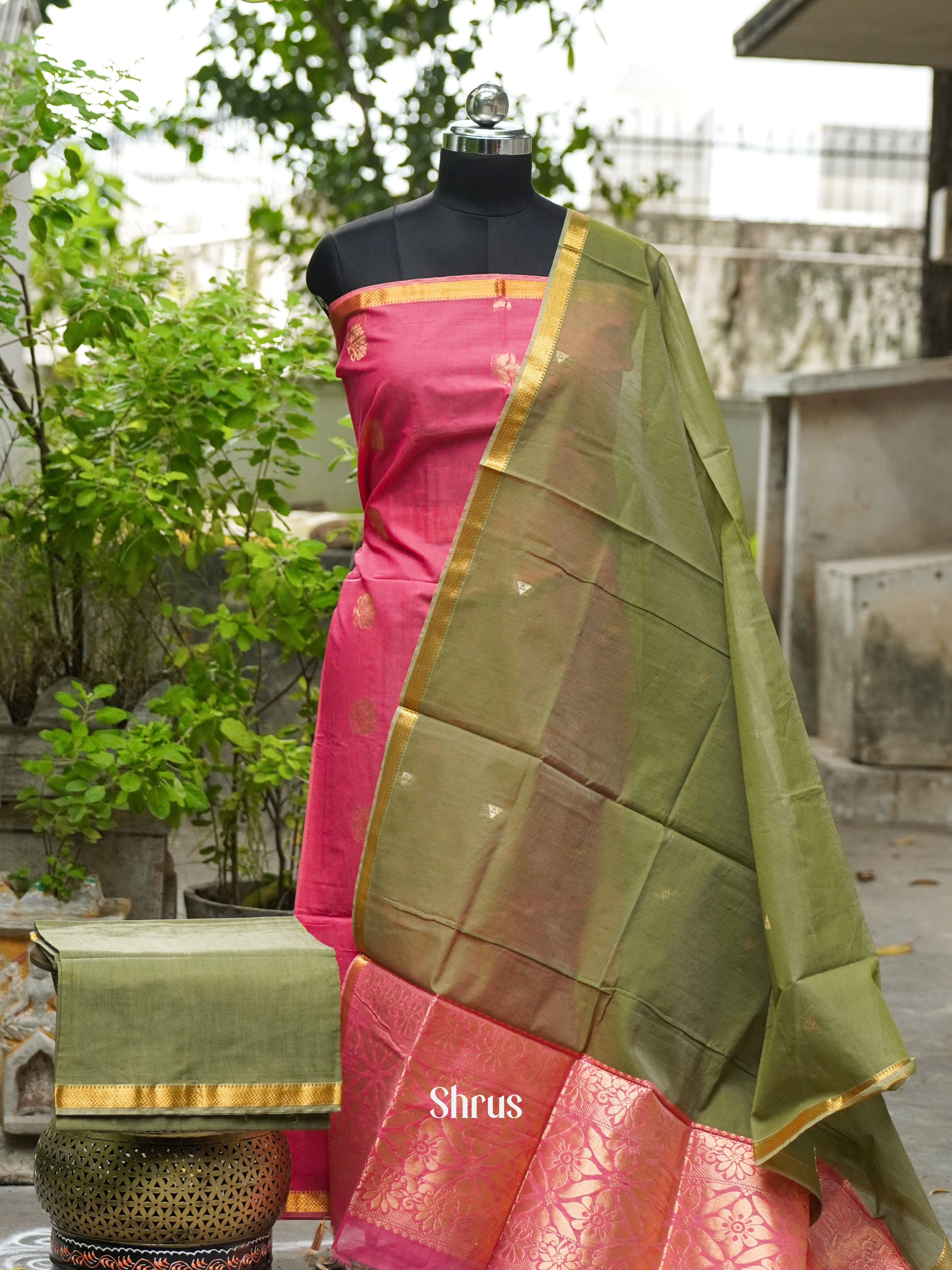 Pink and Olive Green  - Semi silkcotton salwar