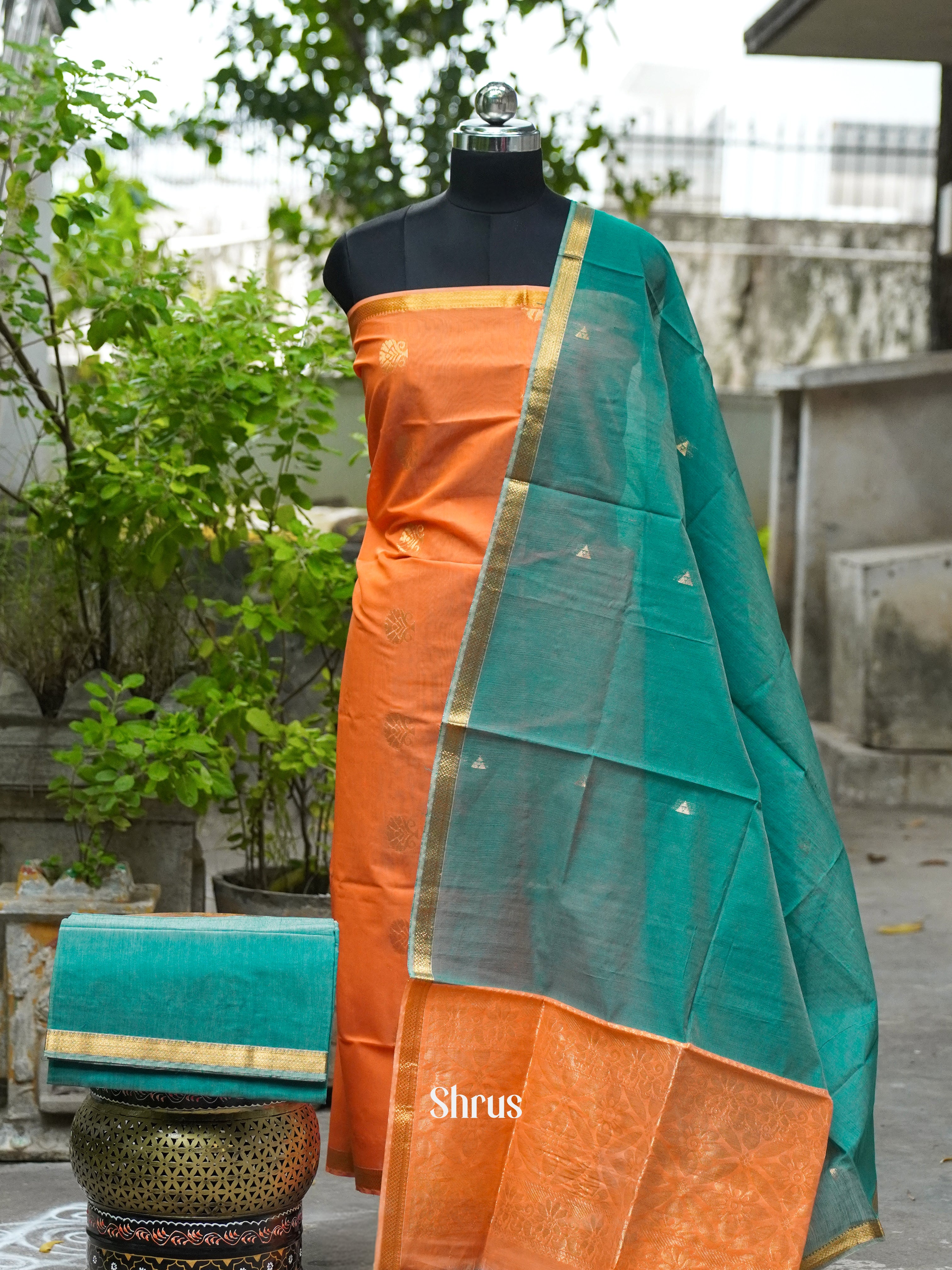 Coral Orange and Leaf Green - Semi silkcotton salwar