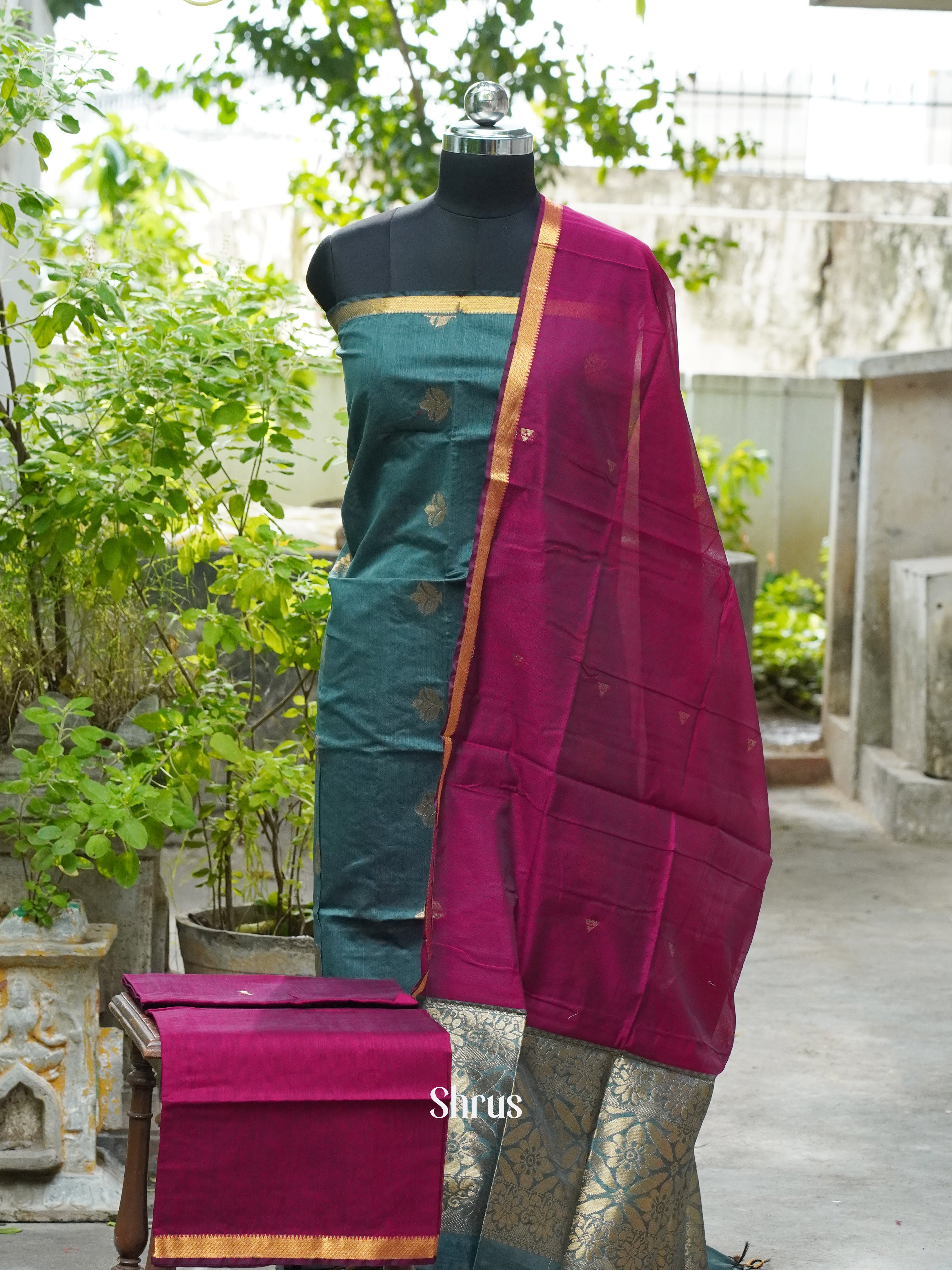 Pine Green and Rosy Red - Semi silkcotton salwar