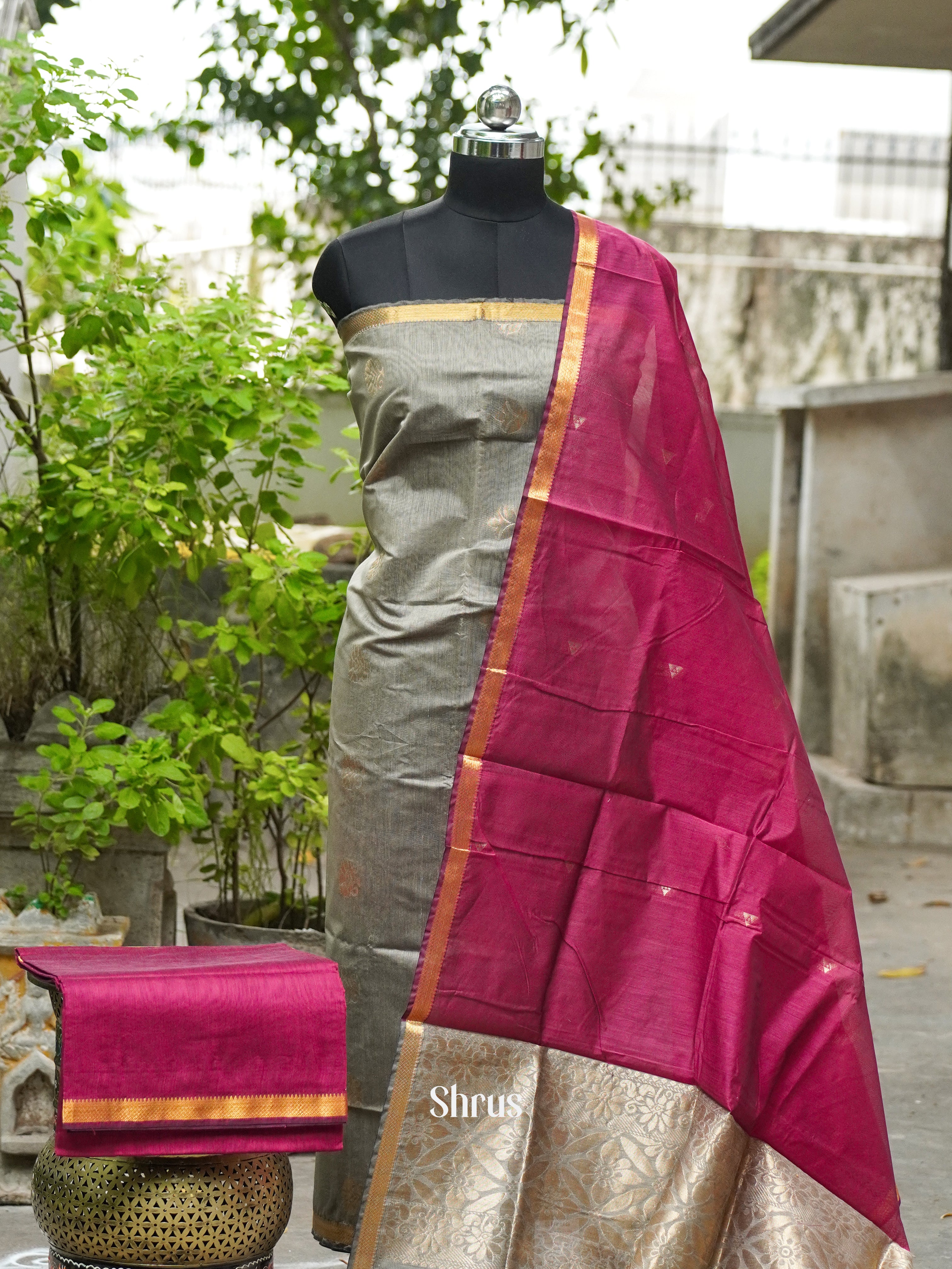 Grey and Light Wine   - Semi silkcotton salwar