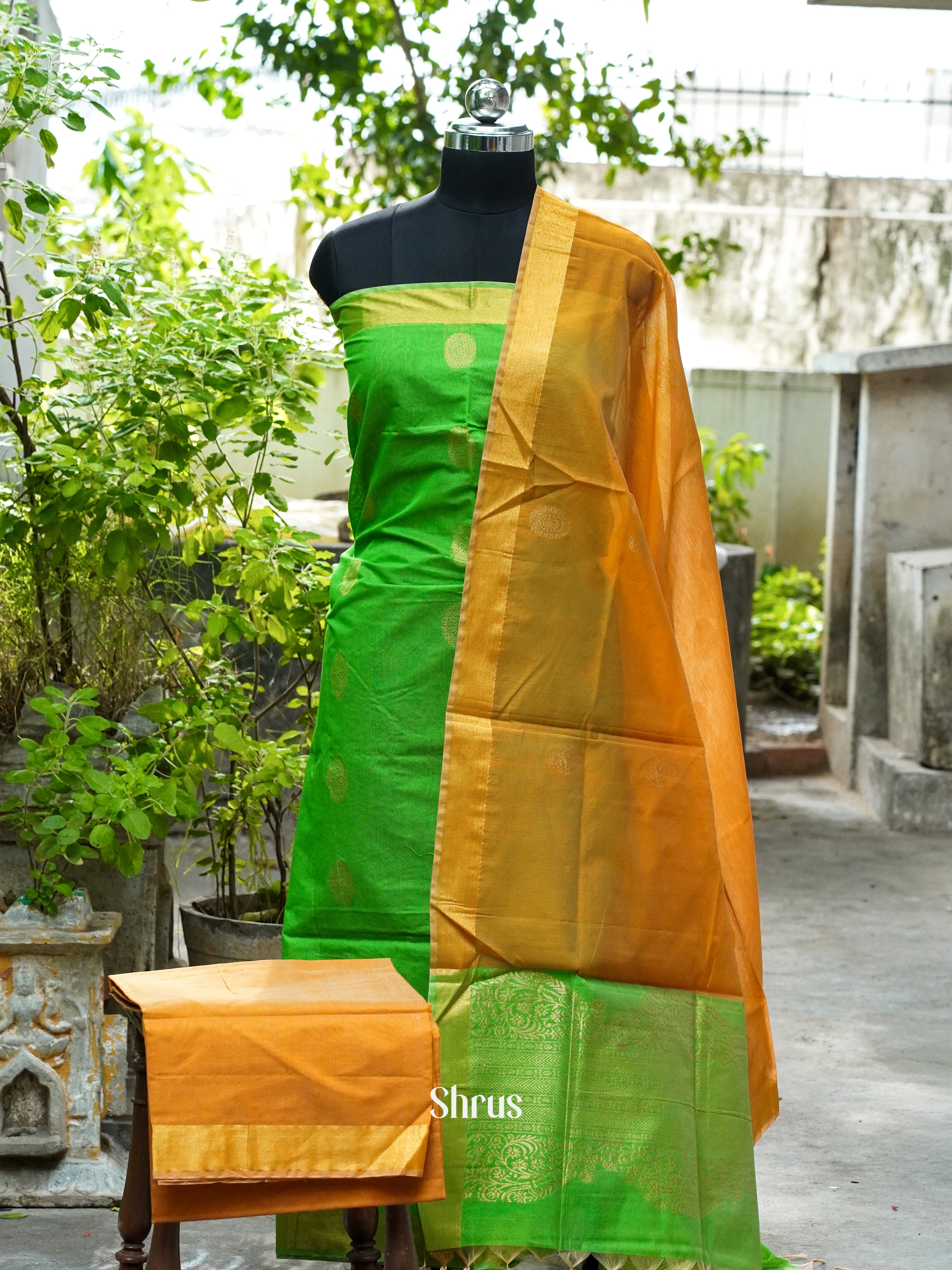 Bright Green and Light Brown  - Semi silkcotton salwar