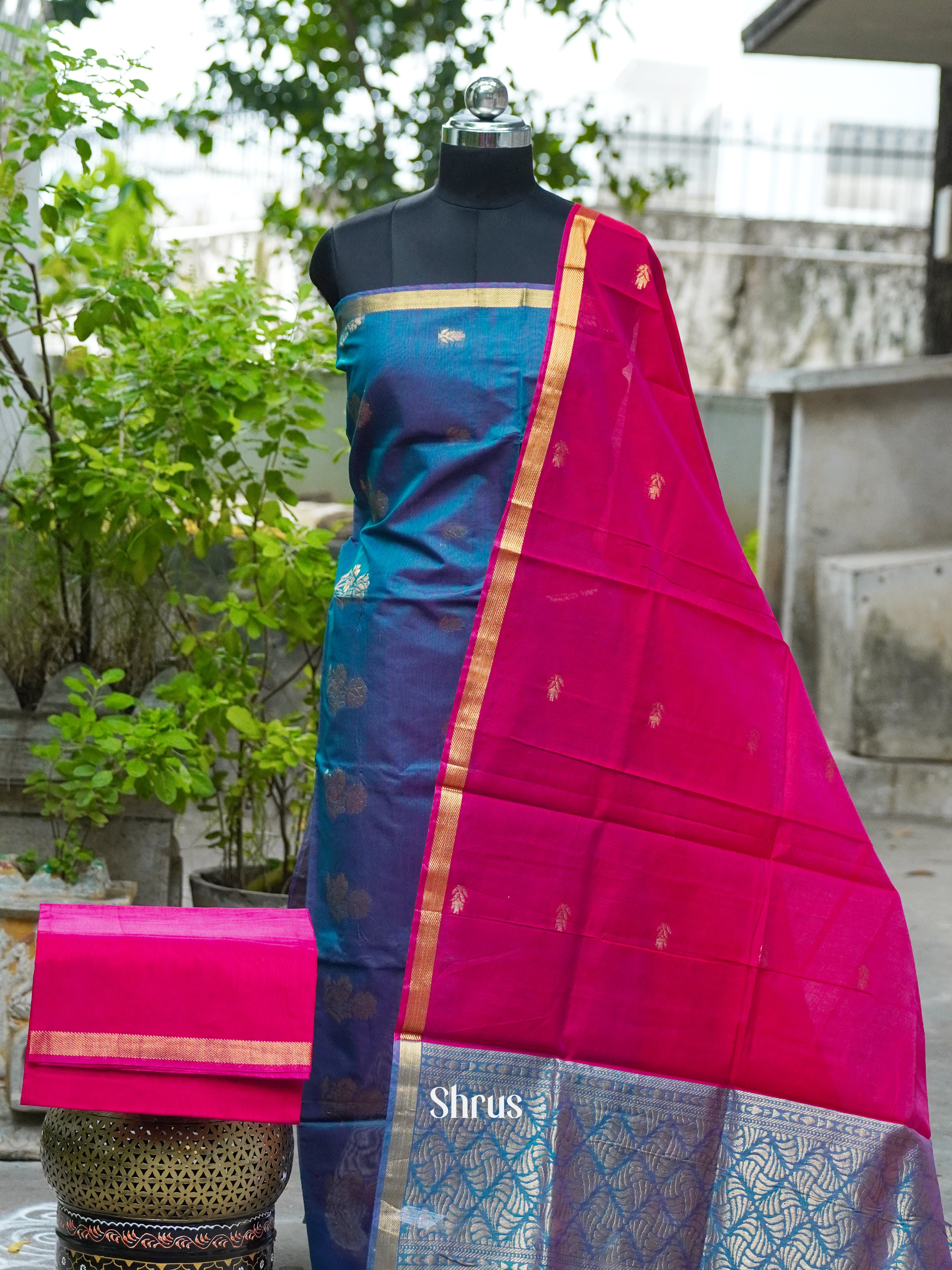 Double Shaded Ramar Blue and Red  - Semi silkcotton salwar