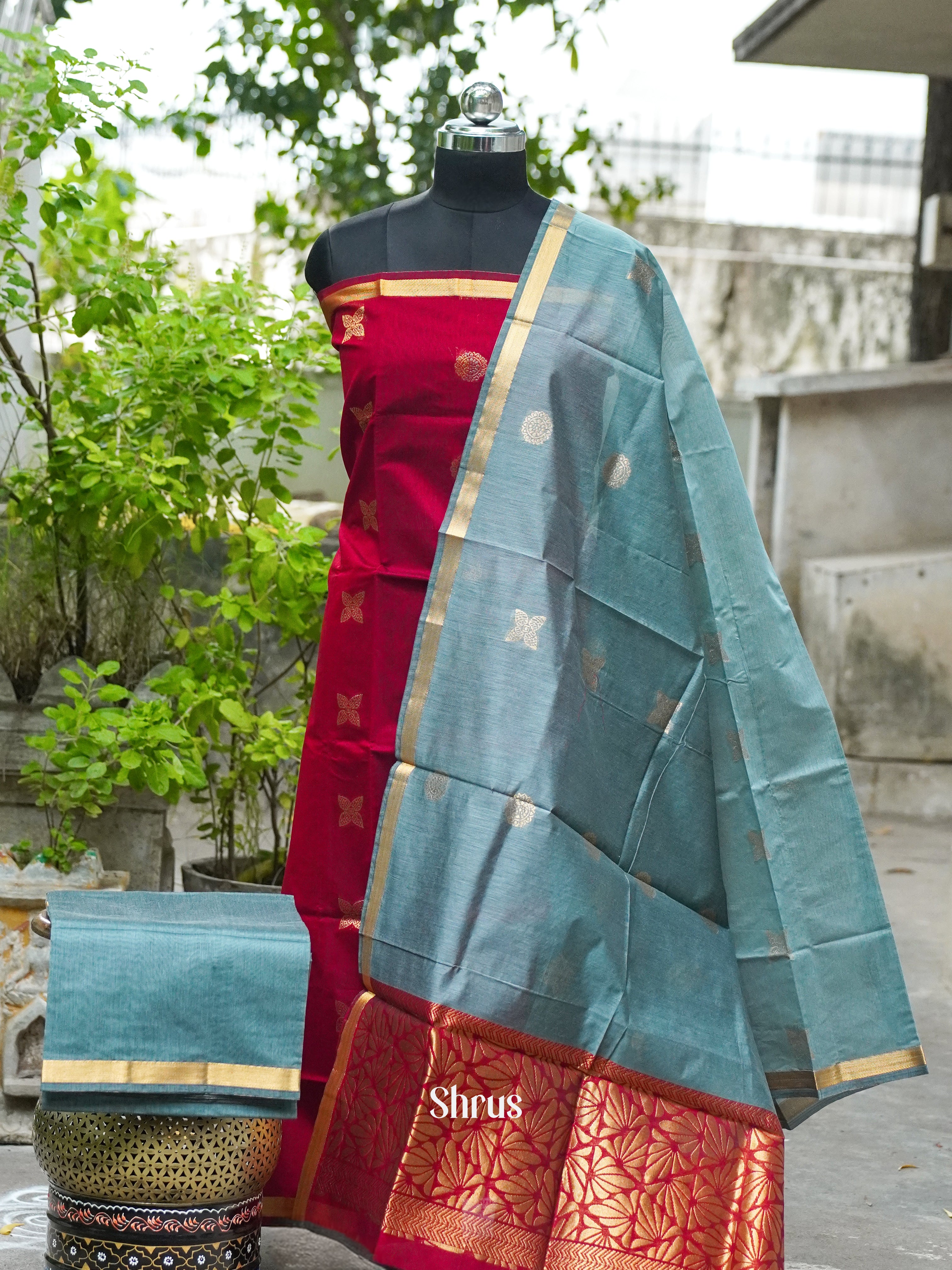 Red and Grey - Semi silkcotton salwar