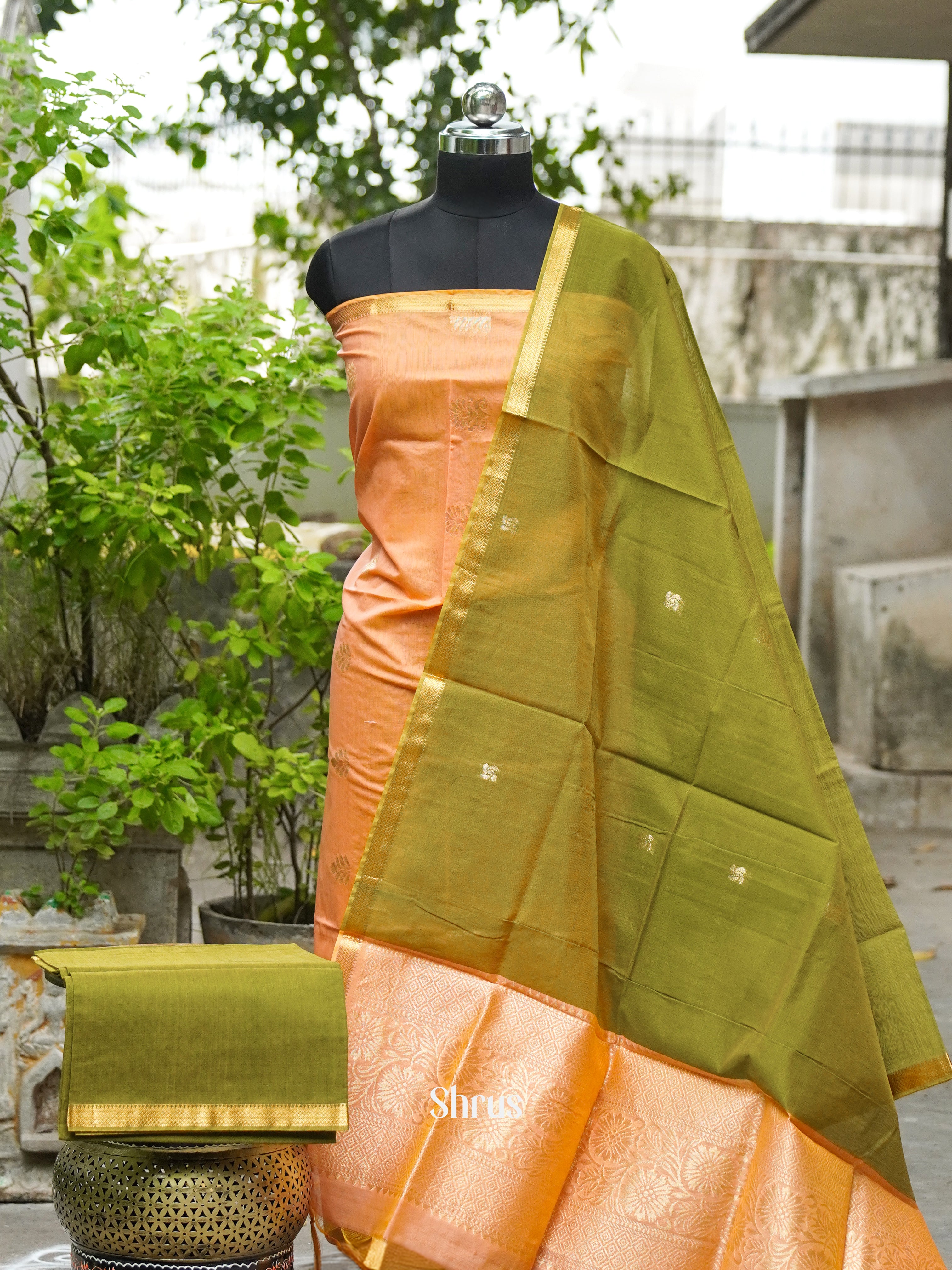 Creamy Peach and Olive Green  - Semi silkcotton salwar