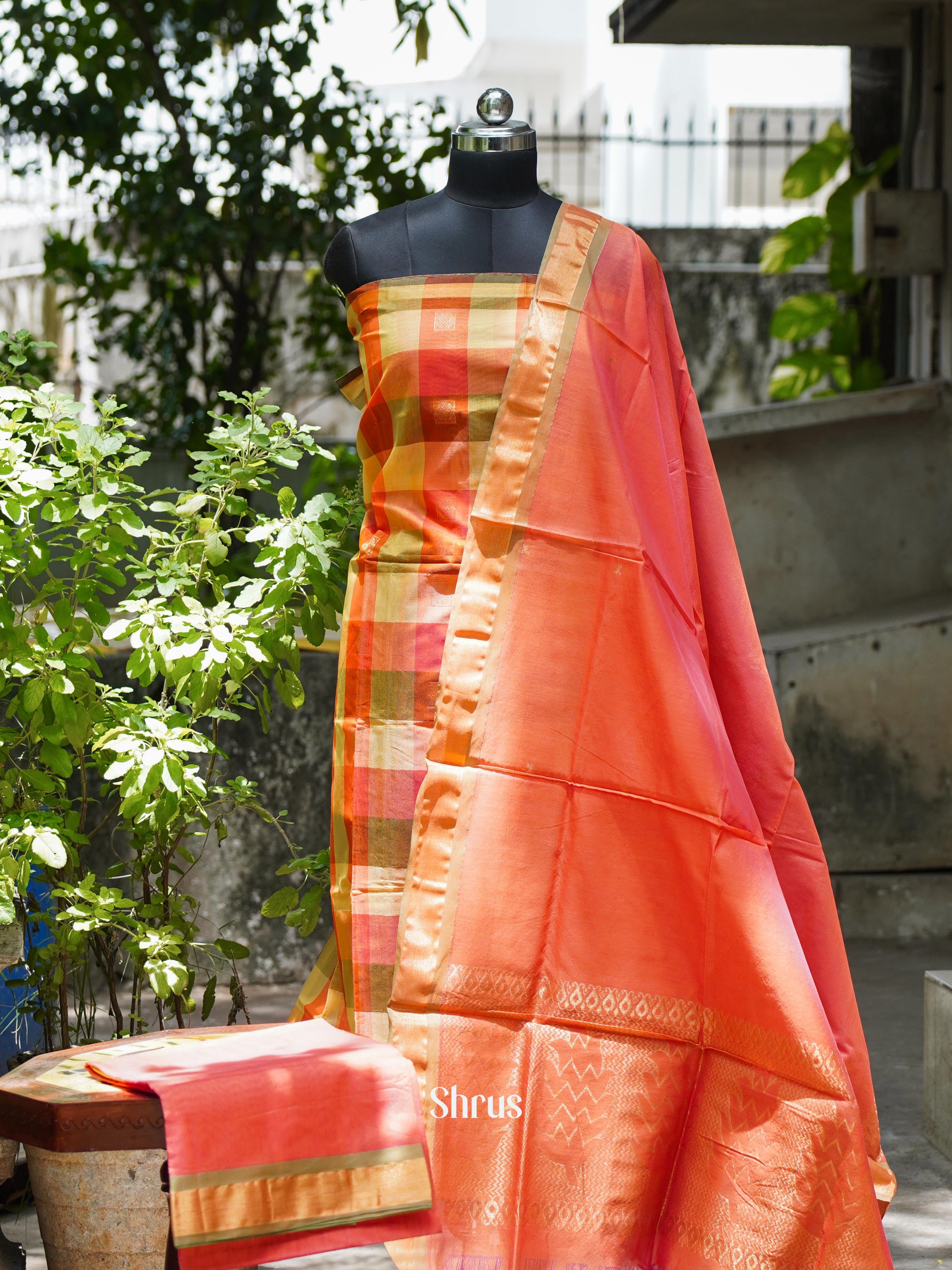 Orange & Green -  Semi Silk Cotton Salwar