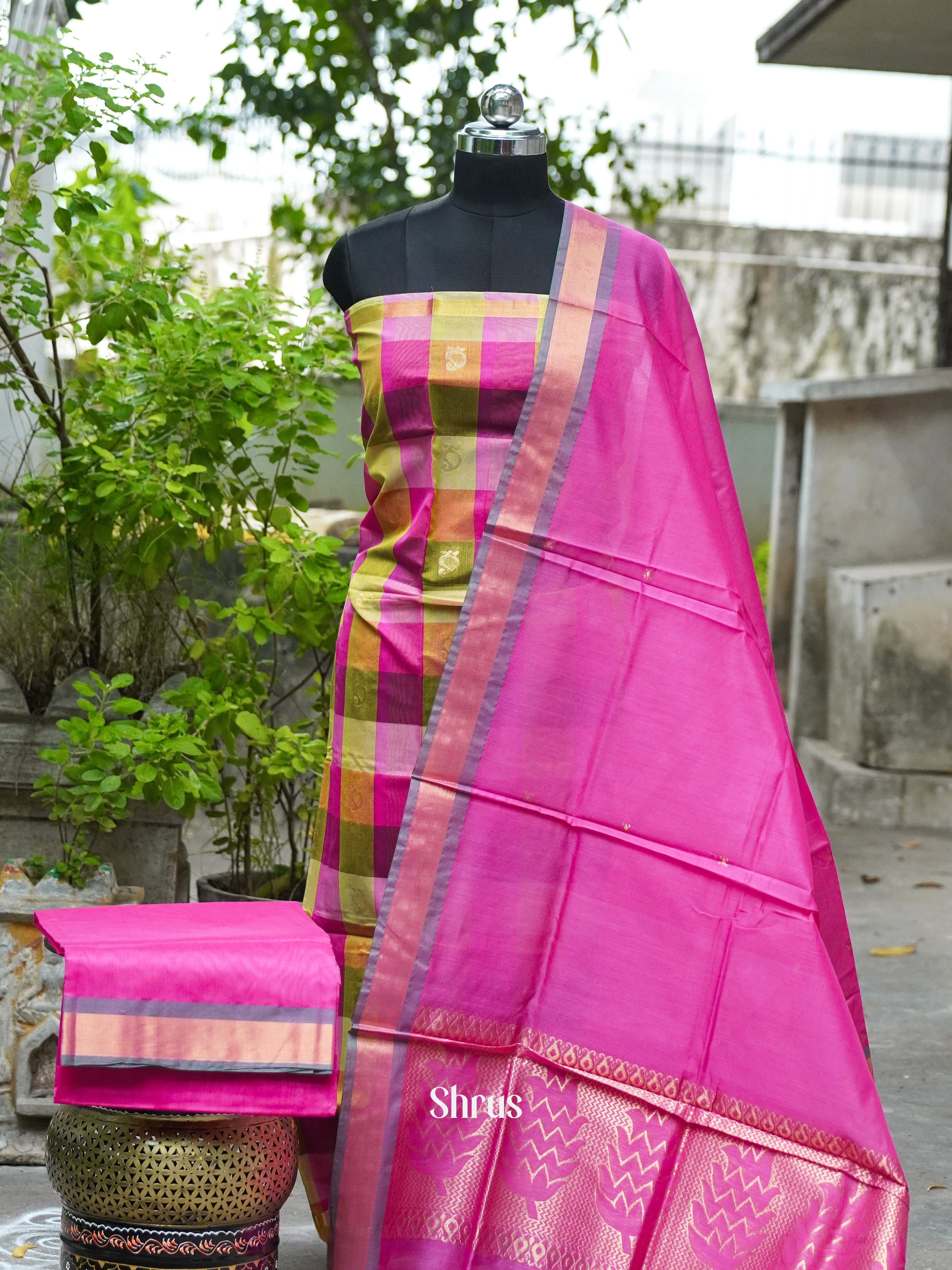 Pink and Olive Green- Semi silkcotton salwar