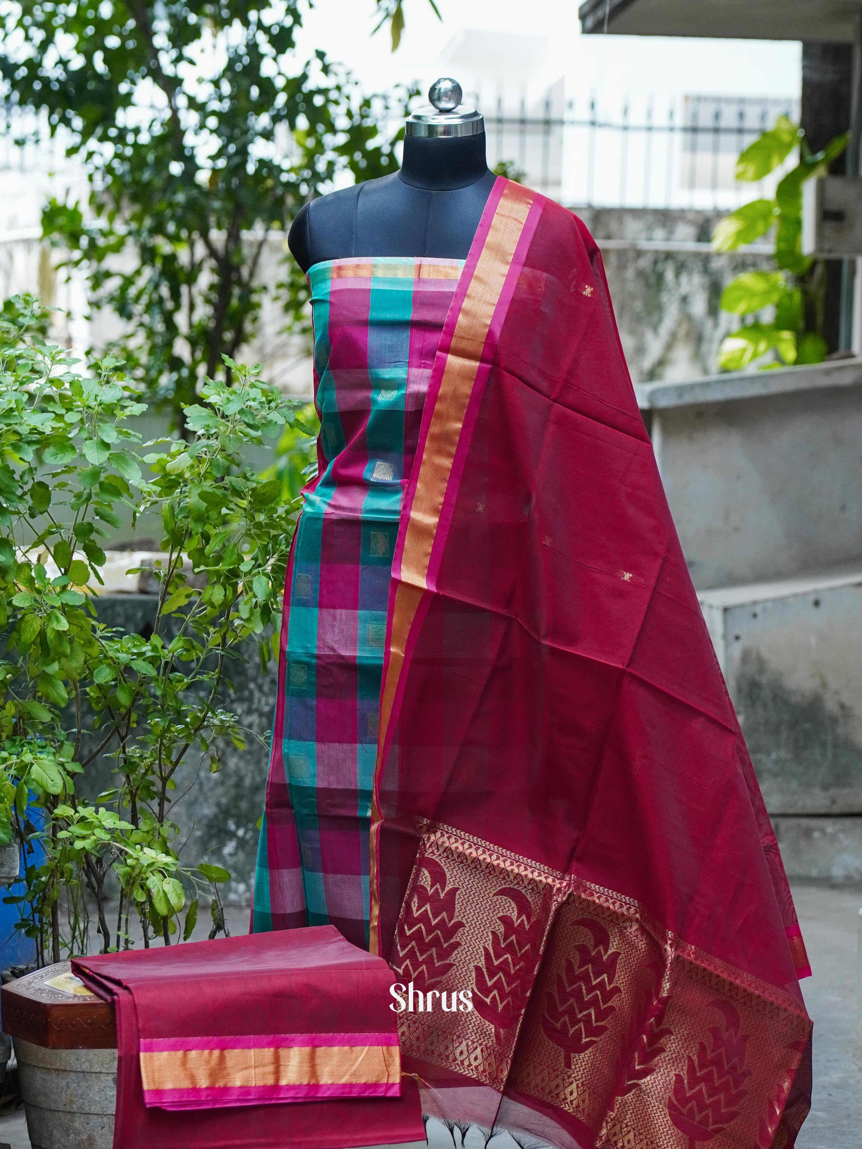 Blue & Maroon - Semi silkcotton salwar