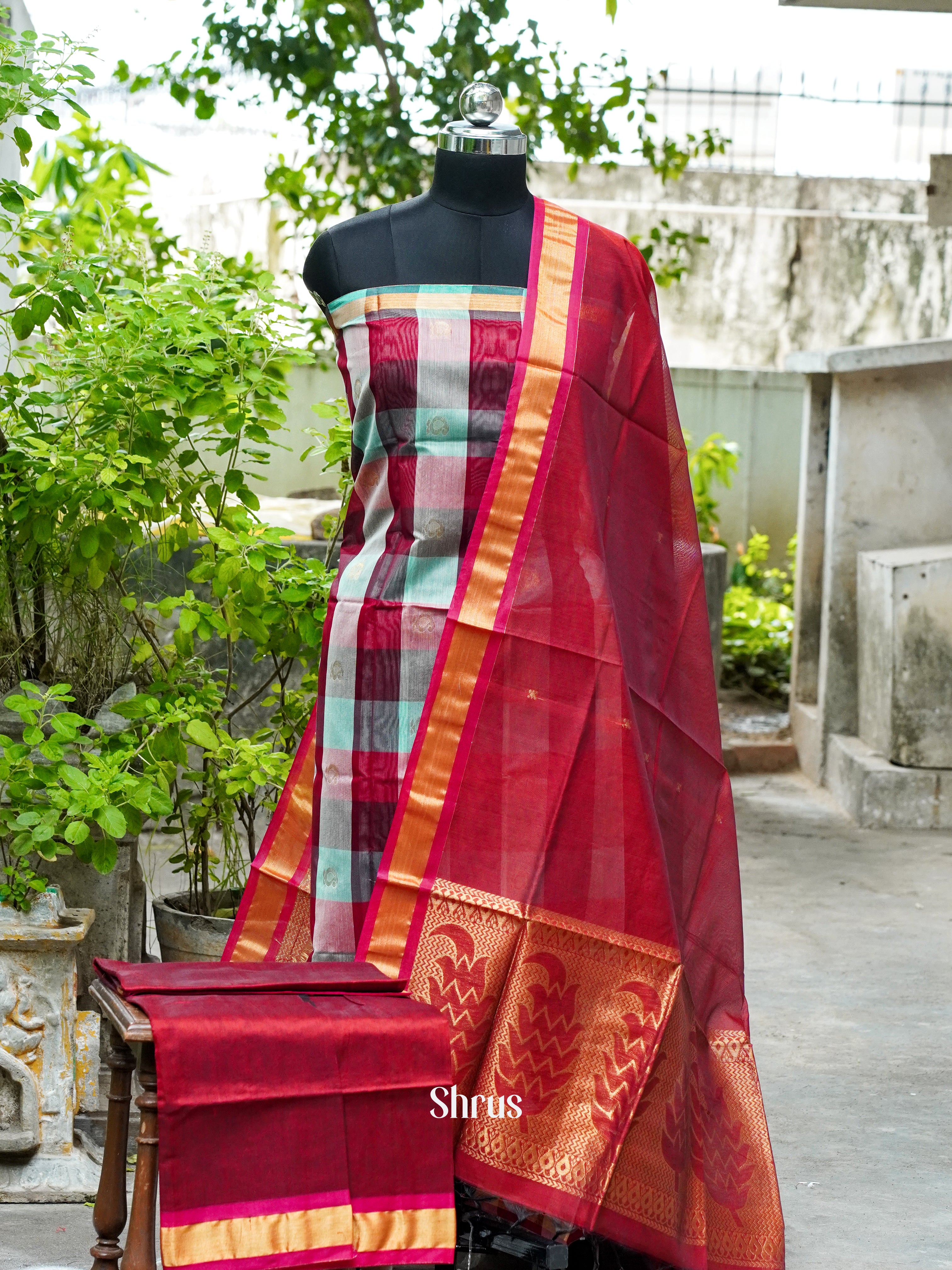 Maroon & Light Green  - Semi silkcotton salwar