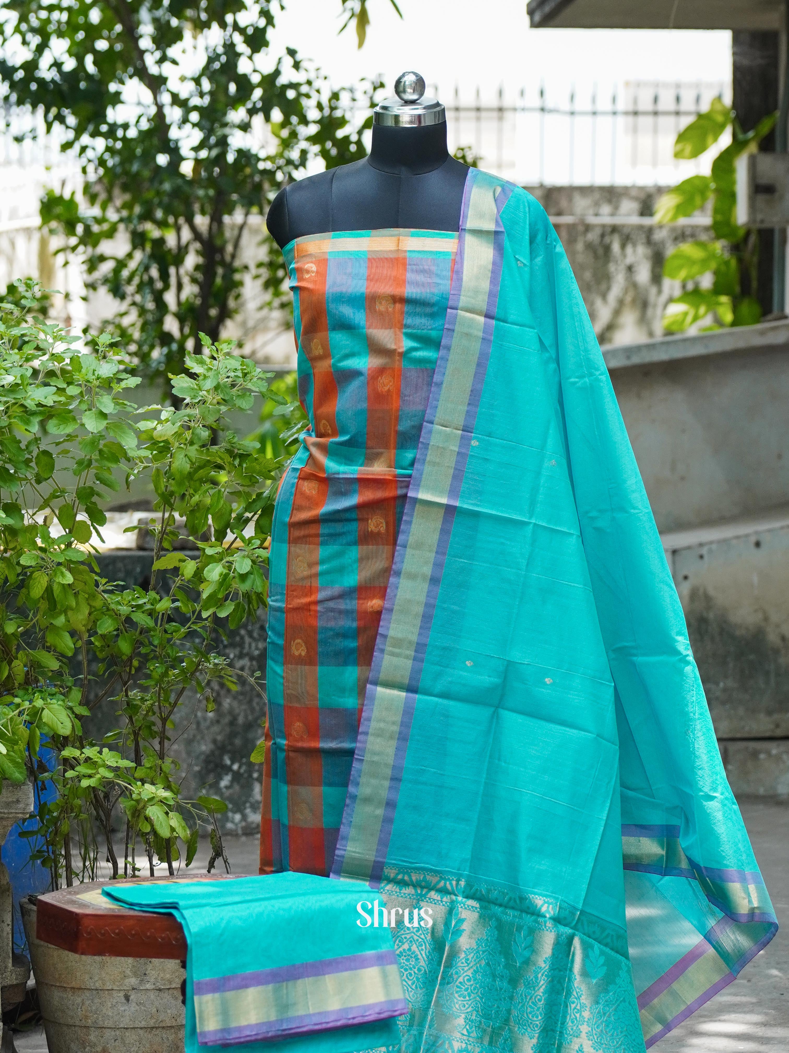 Orange & Light Blue - Semi silkcotton salwar