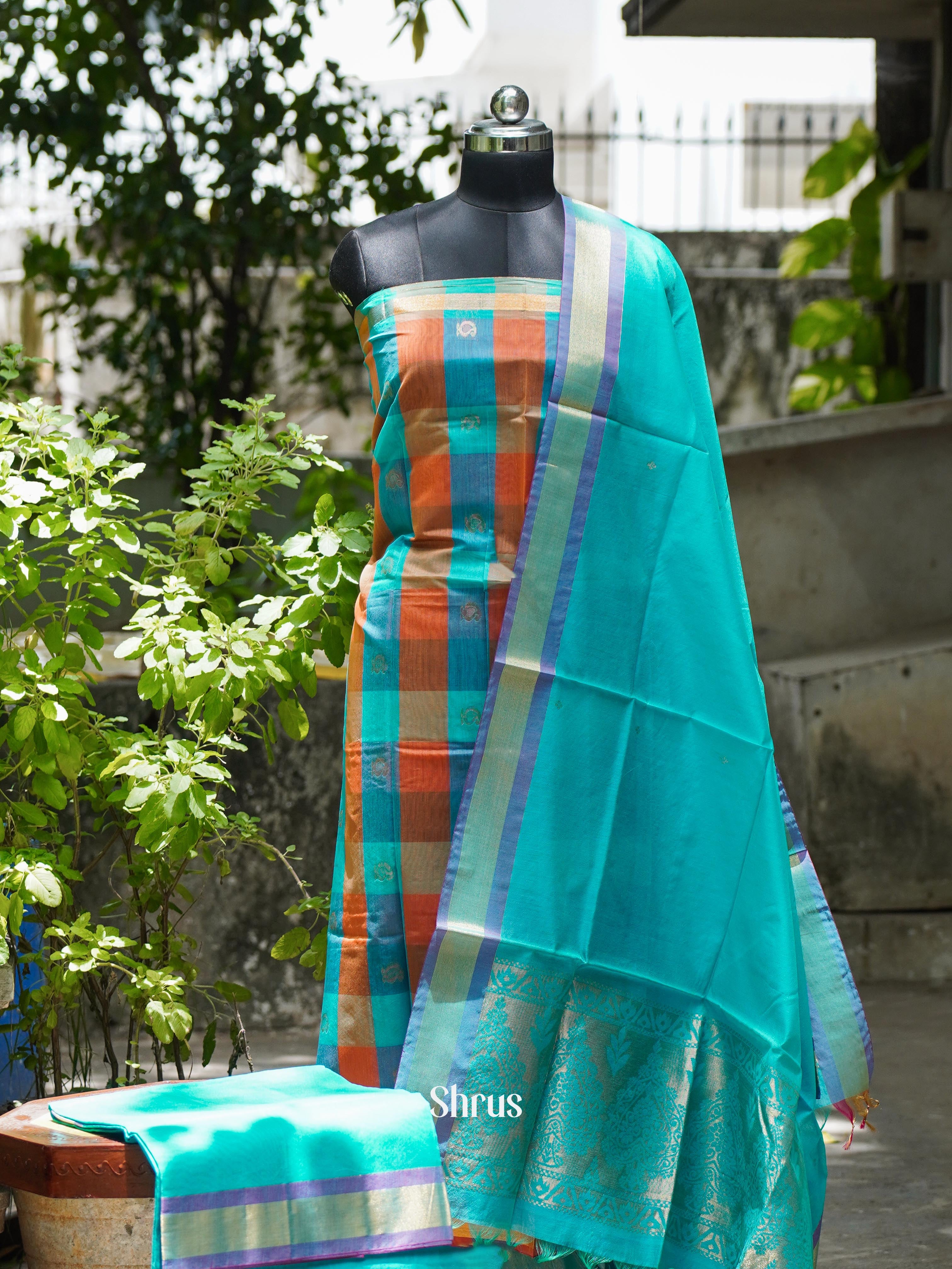 Orange &  Sky Blue - Semi silkcotton salwar