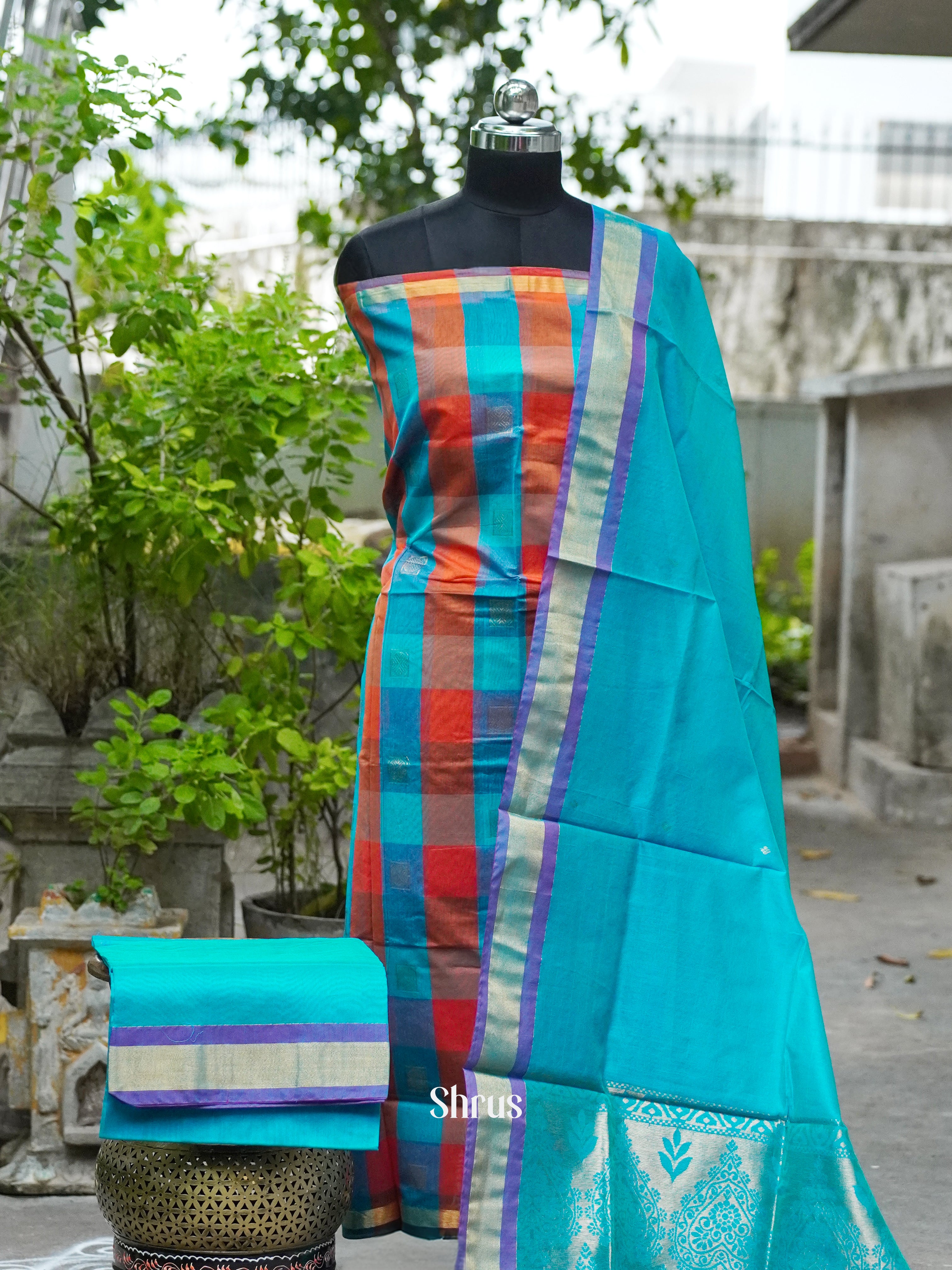 Light Blue and Orange - Semi silkcotton salwar