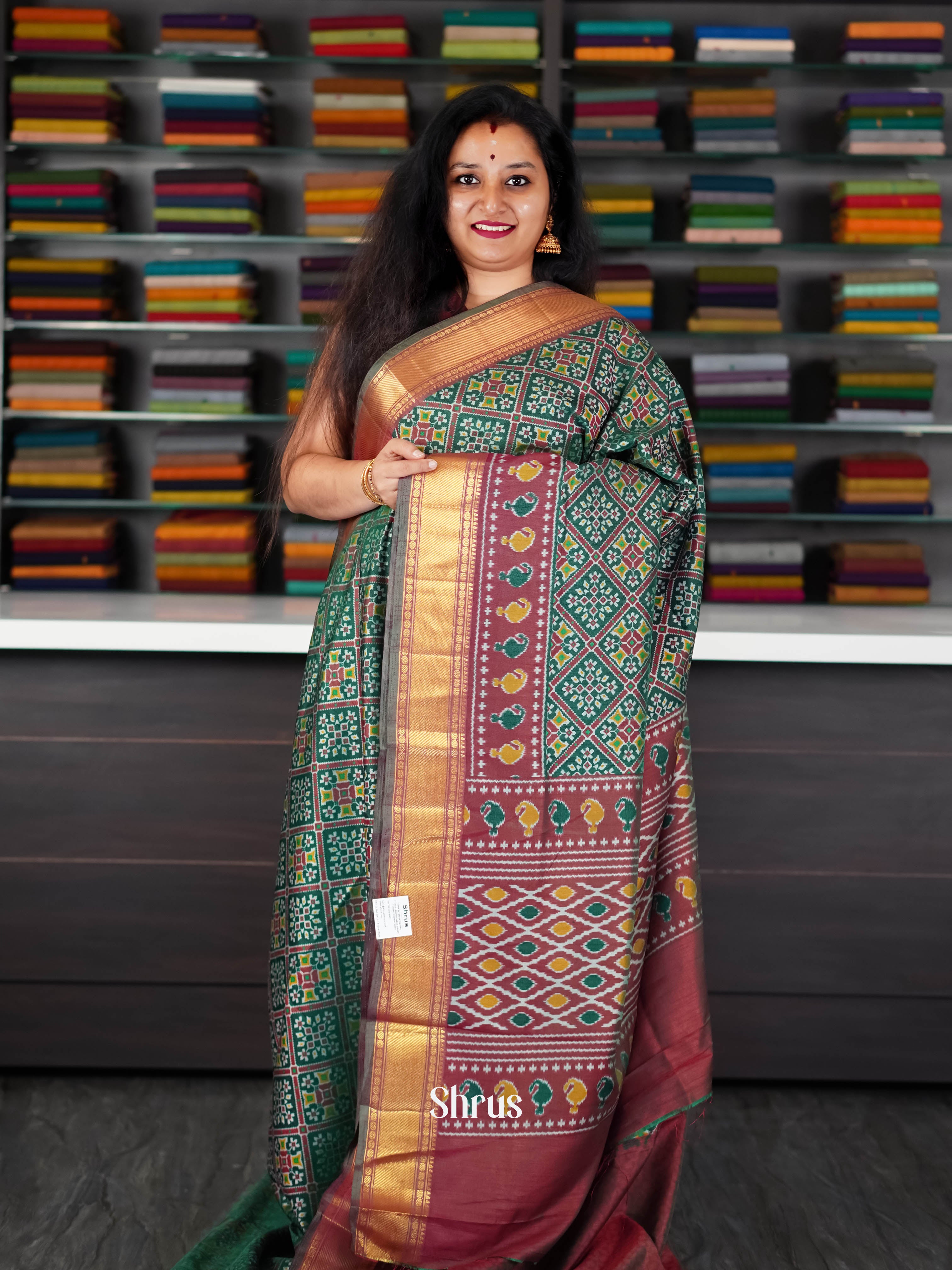 Green & Brown  - Semi Patola Saree