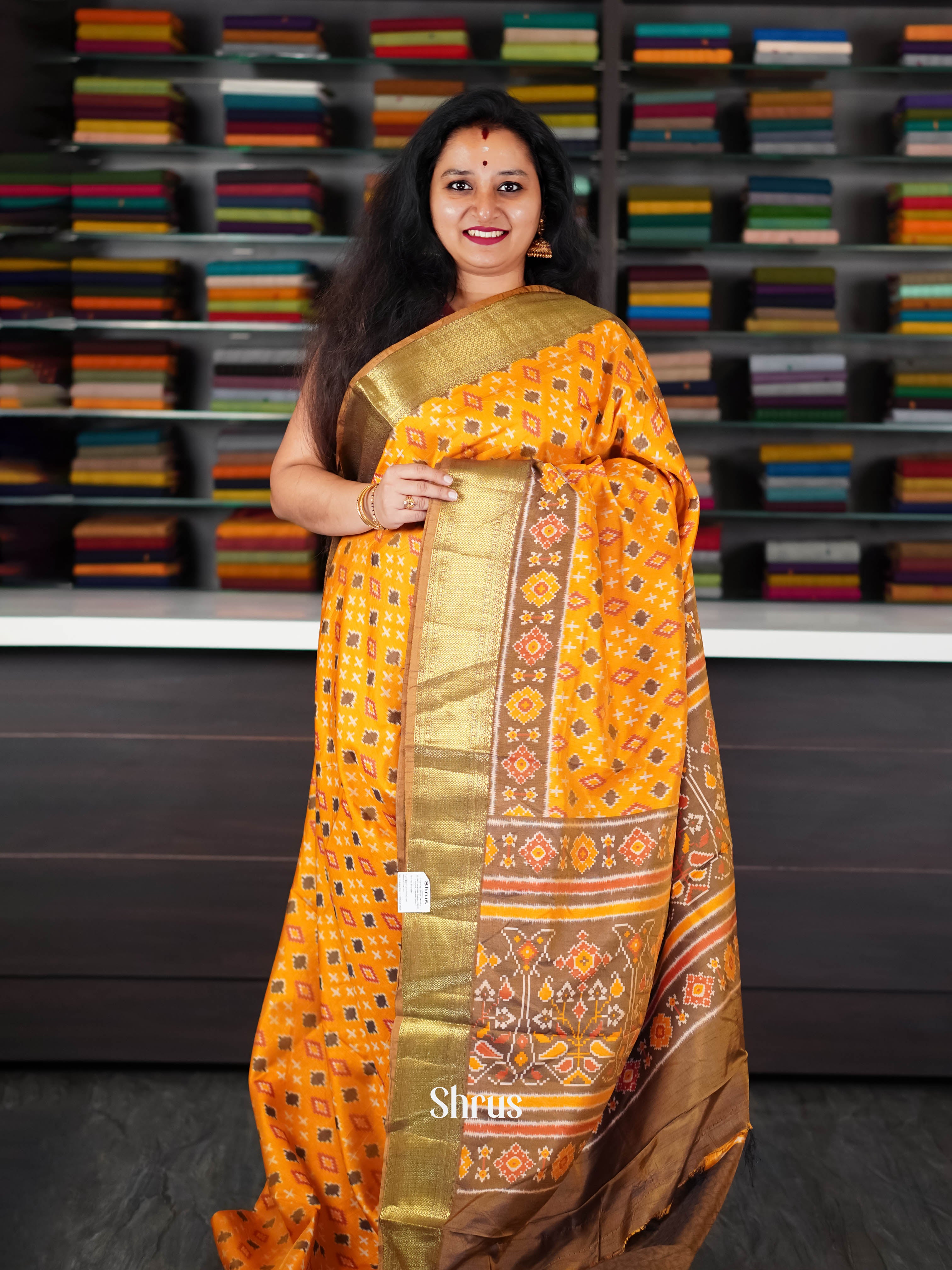 Golden Orange & Brown   - Semi Patola Saree