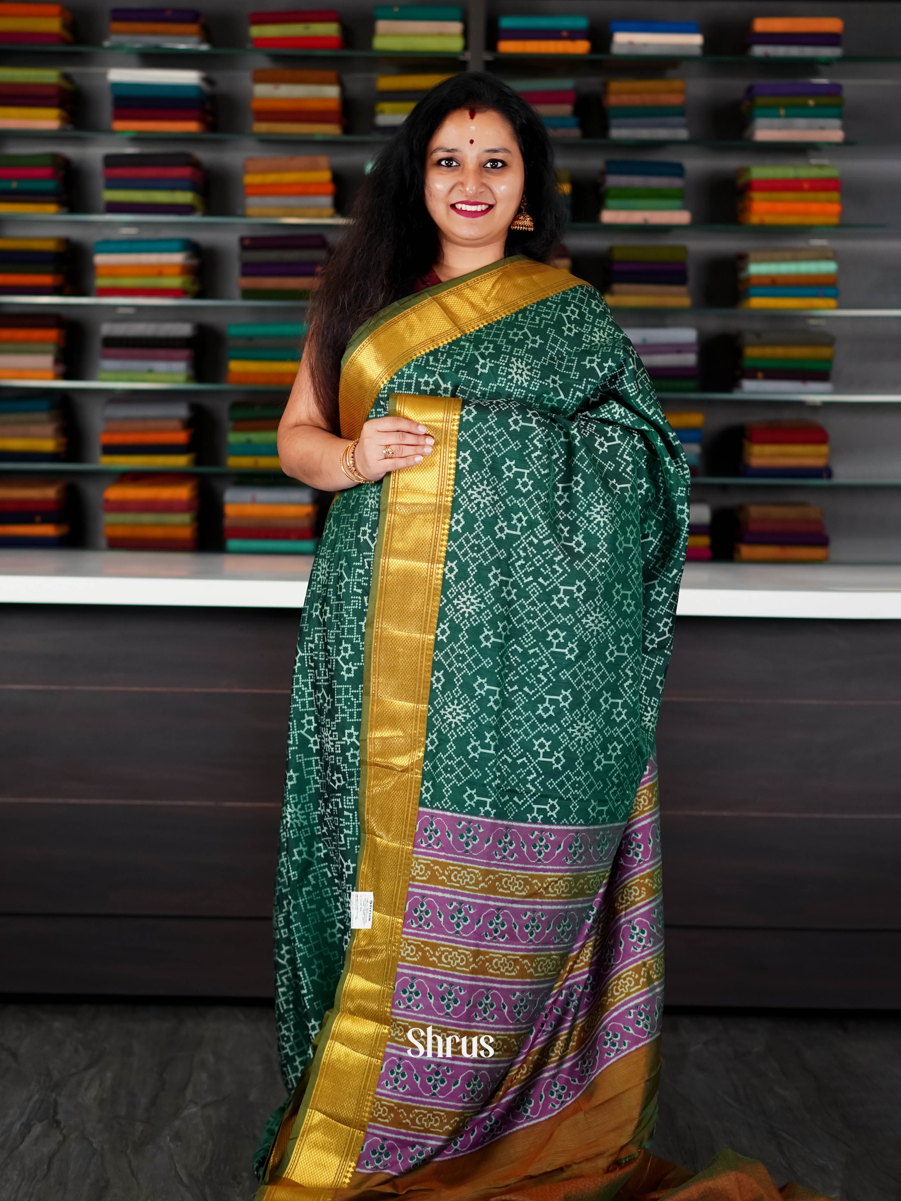 Green & Golden Brown   - Semi Patola Saree