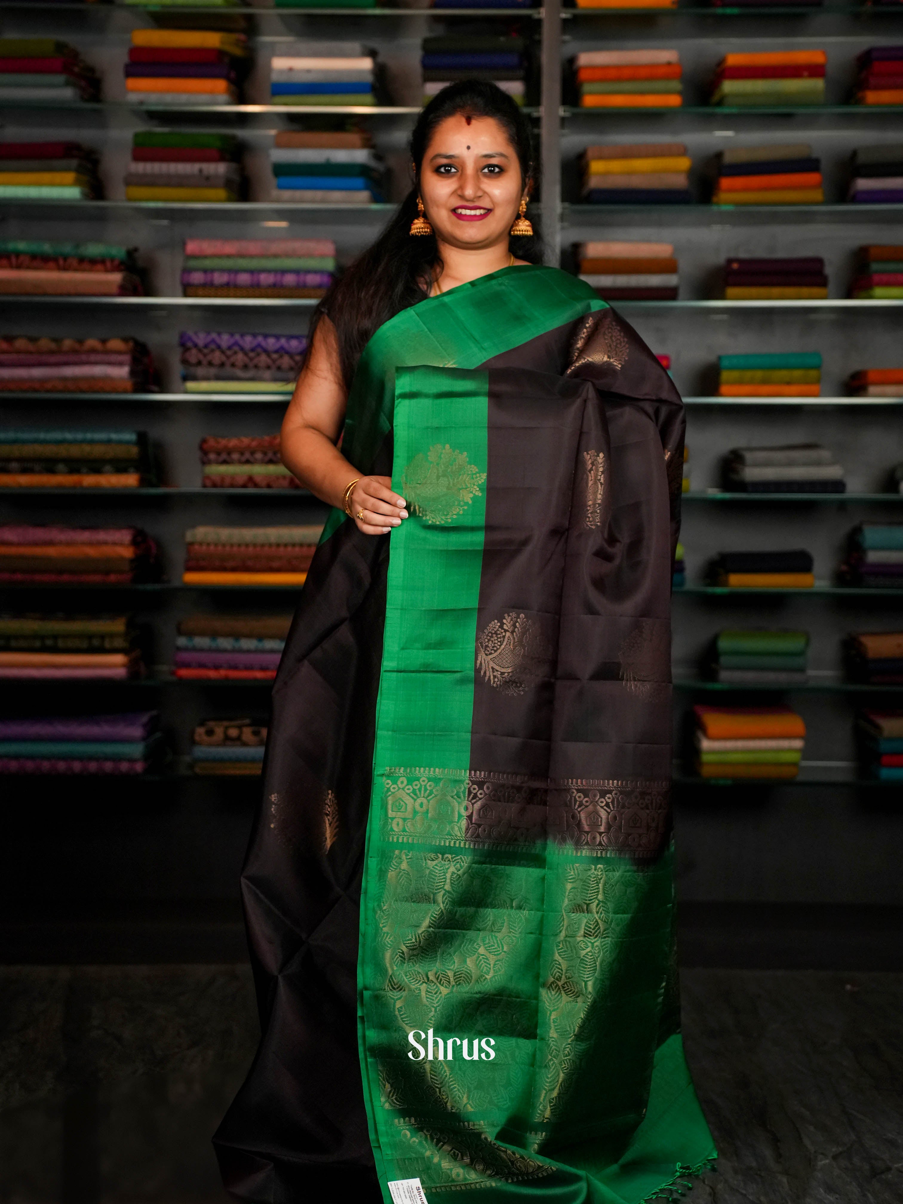 Green & Dark Brown  - Softsilk-halfpure Saree