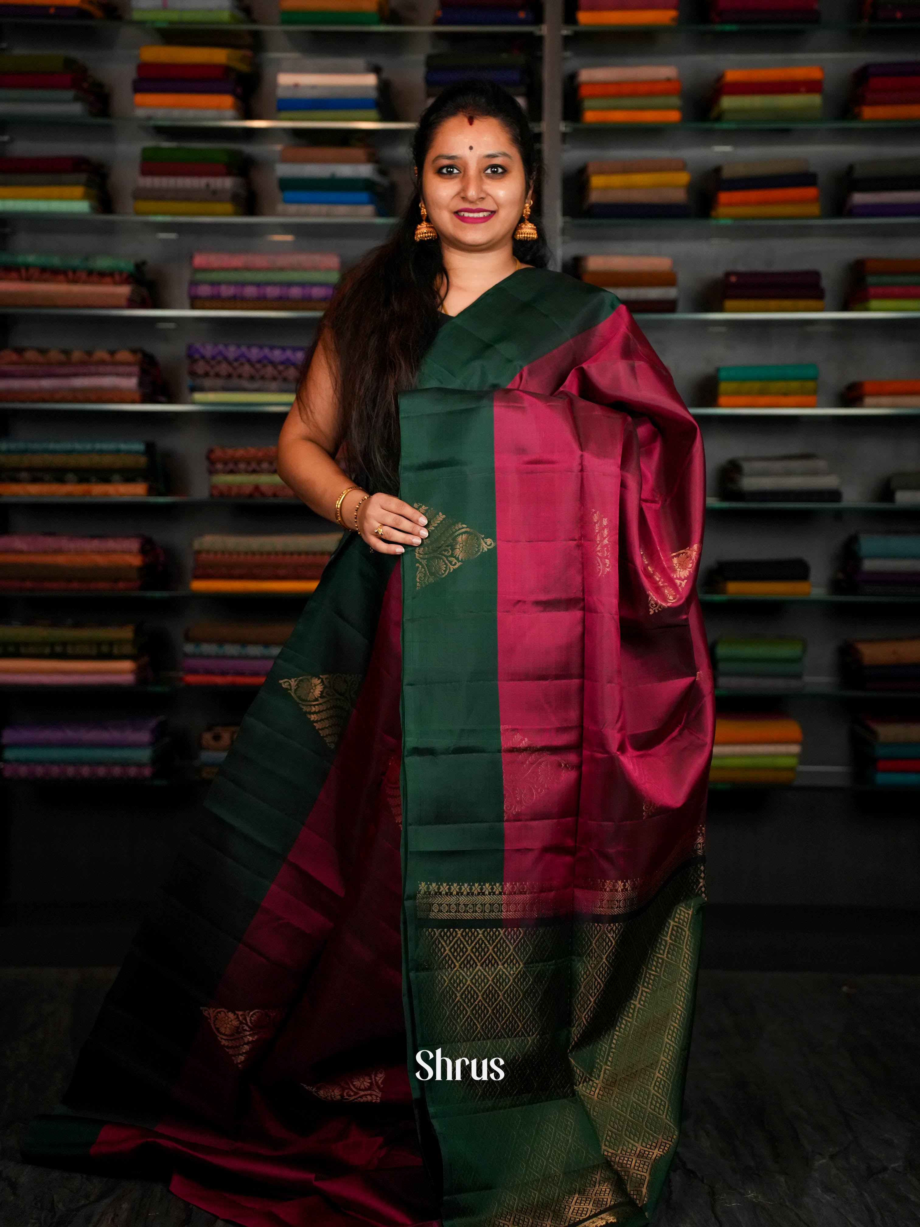 Green & Maroon  - Softsilk-halfpure Saree