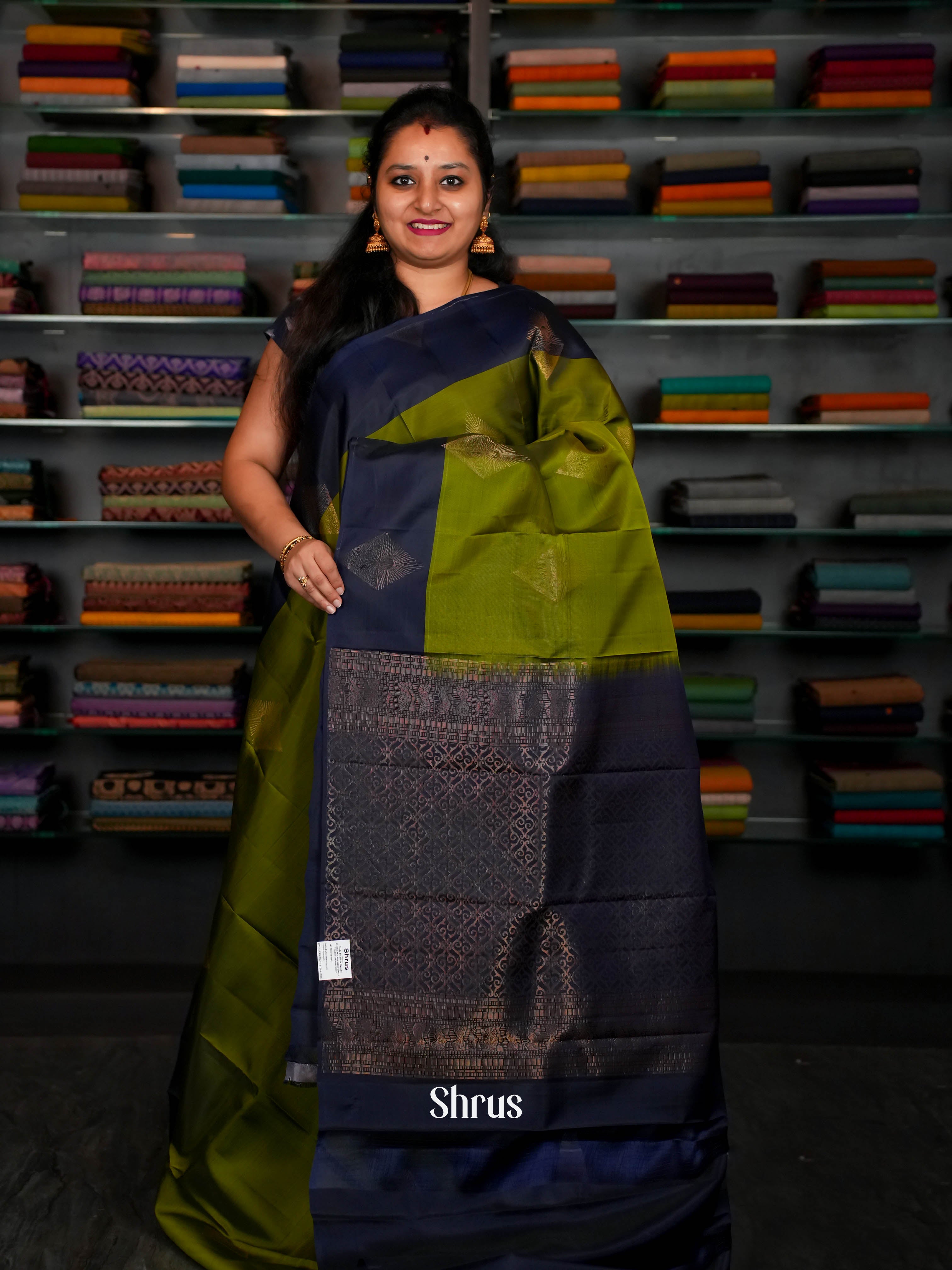 Olive Green & Dark Blue  - Softsilk-halfpure Saree