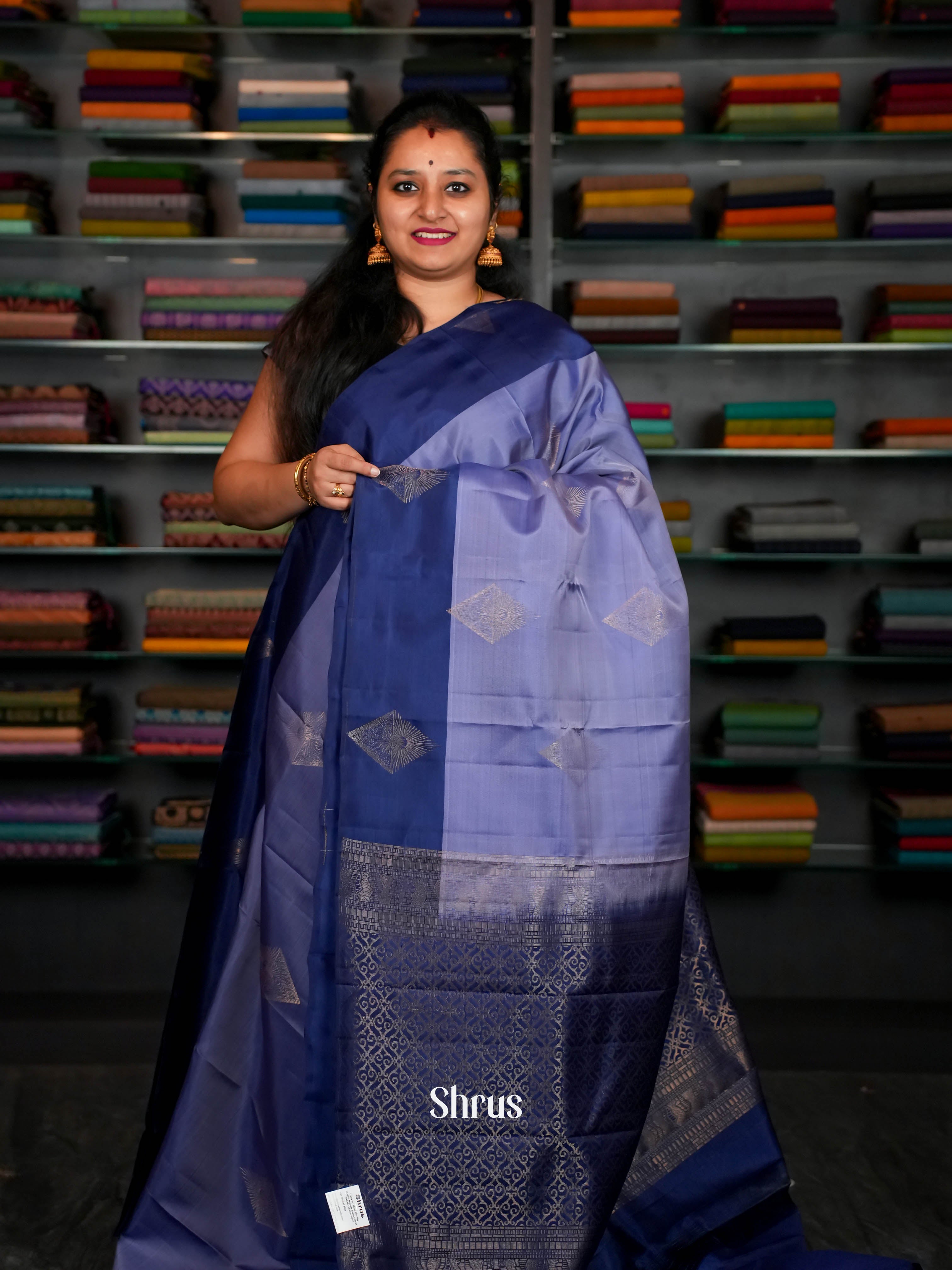 Cadet Blue & Navy Blue  - Softsilk-halfpure Saree