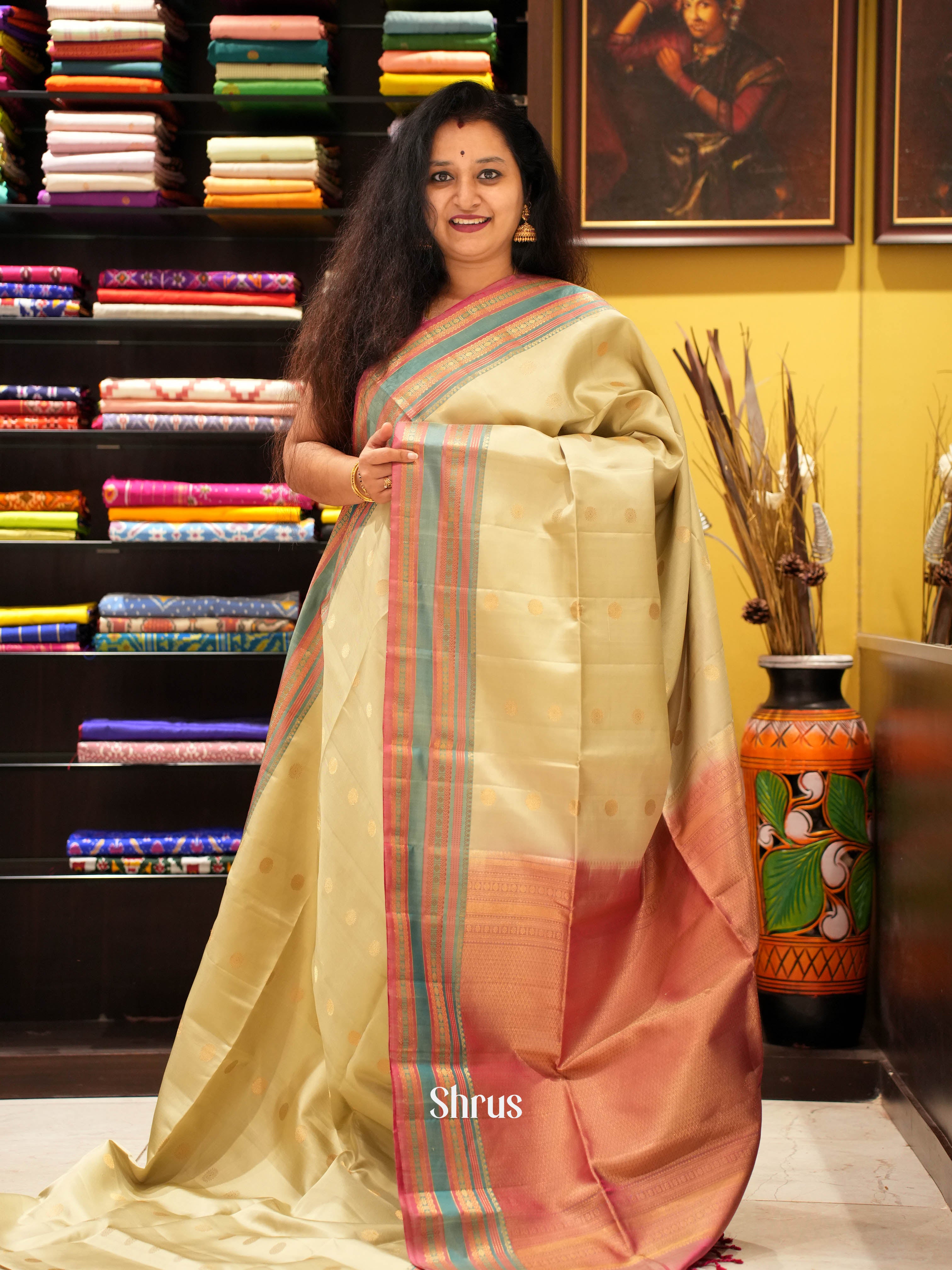 Beige & Pink- Soft Silk Saree