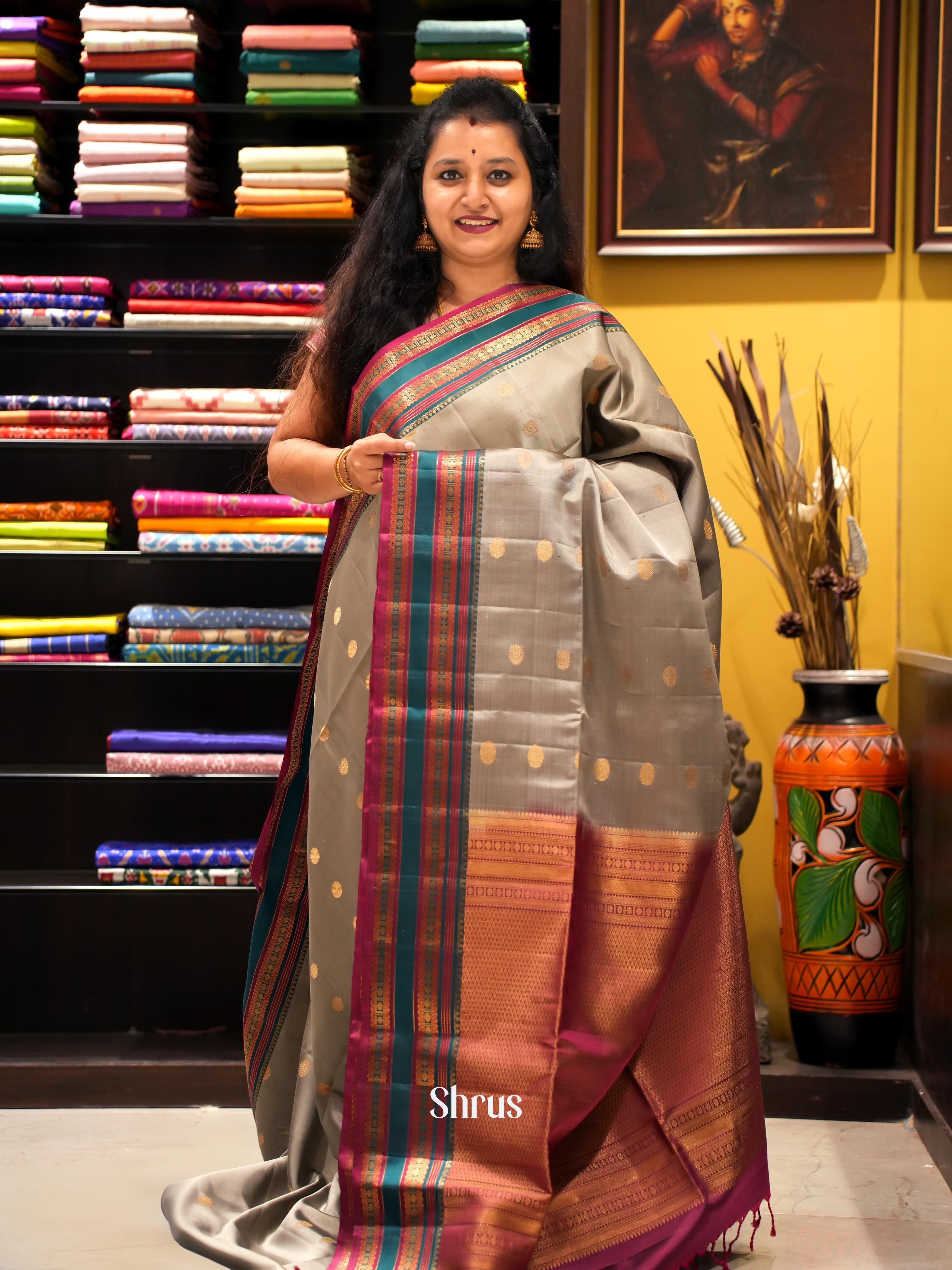 Grey  & Maroon - Soft Silk Saree