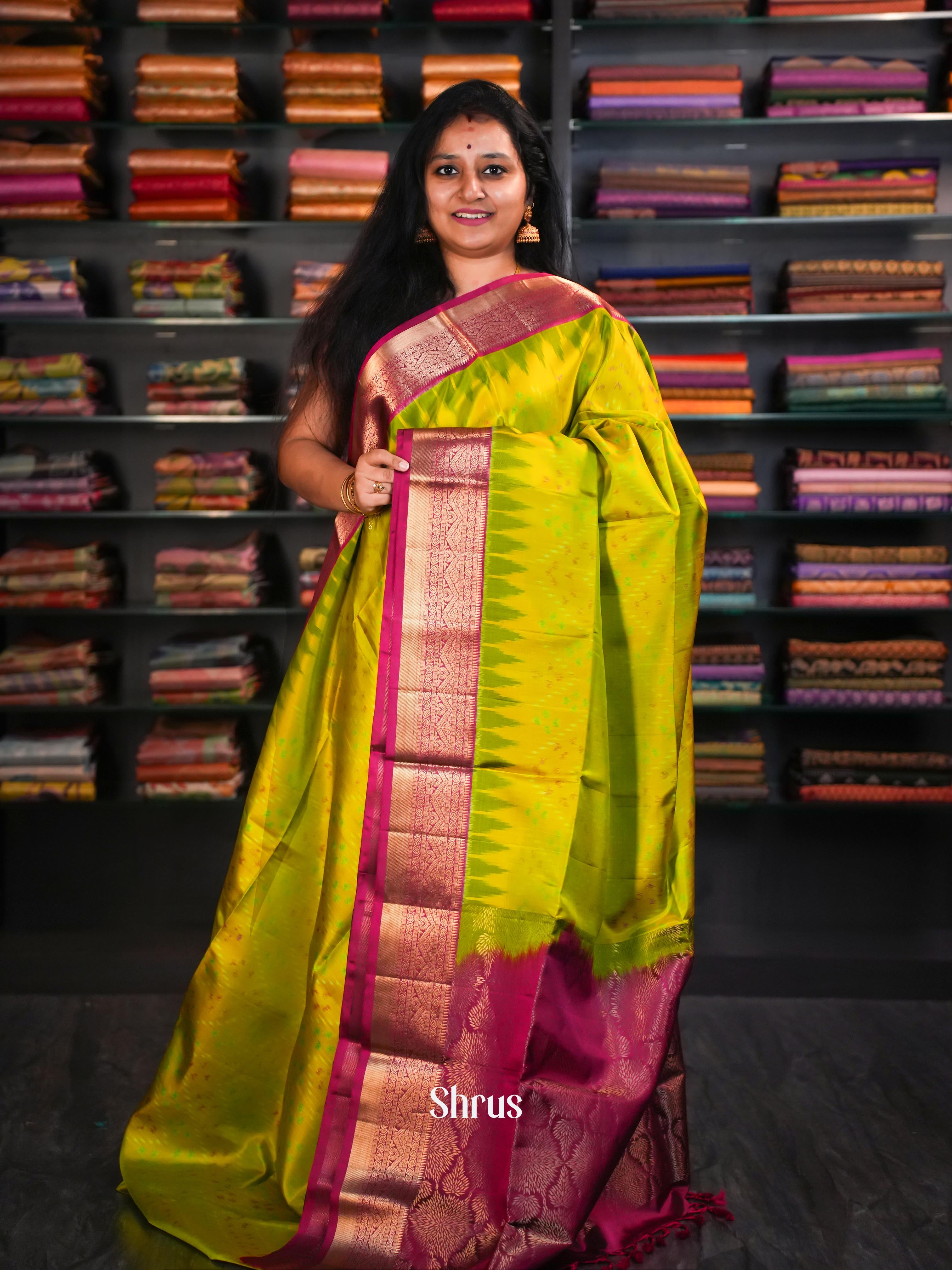 Yellow Green & Rose Maroon  - Soft Silk Saree