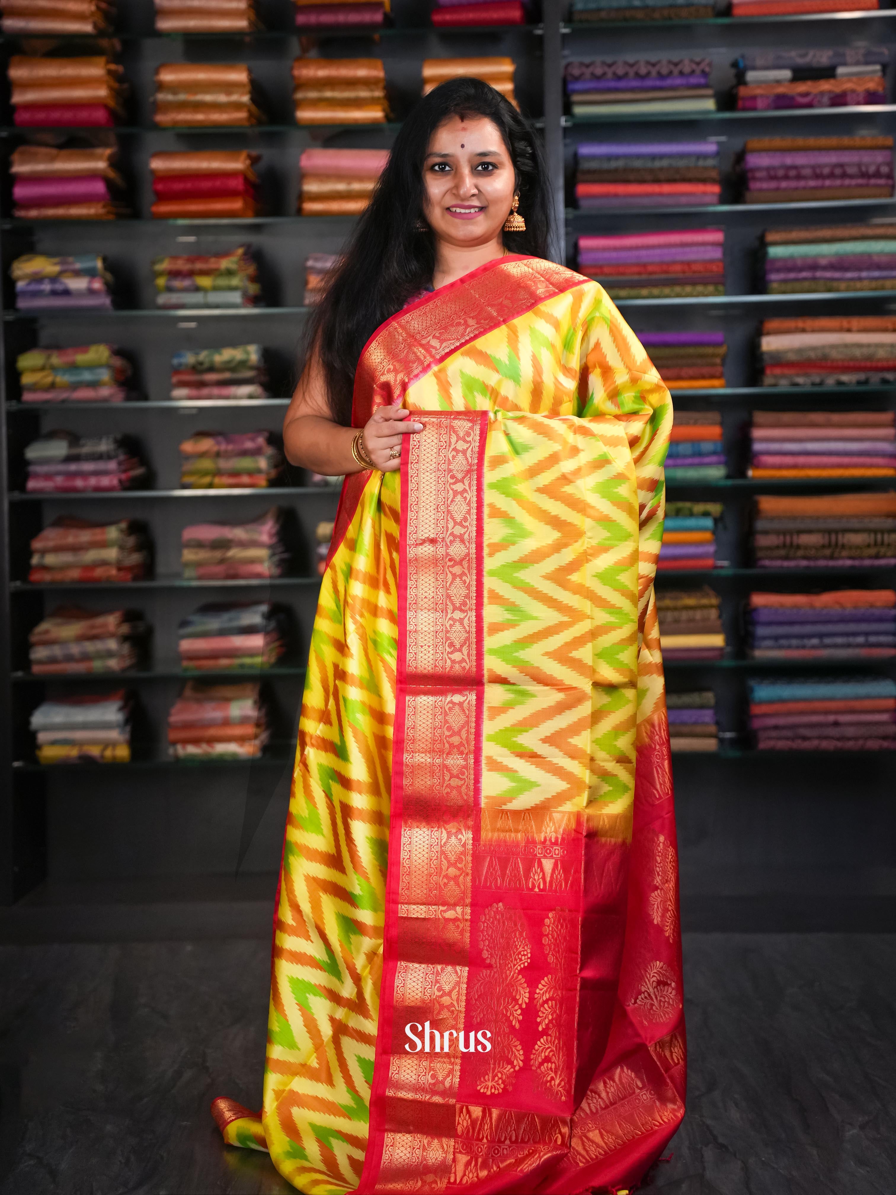 Bright Yellow & Red  - Soft Silk Saree