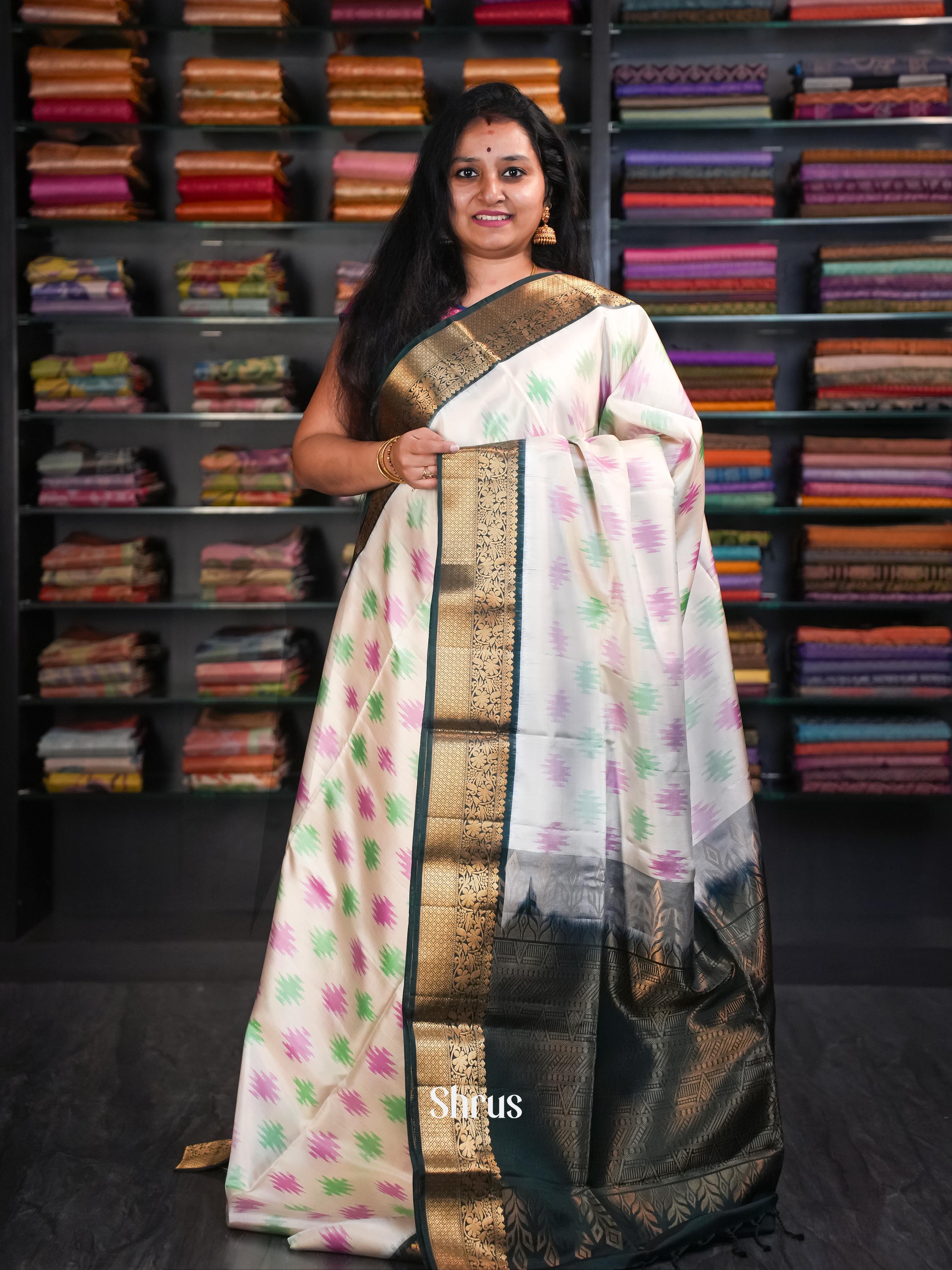 Cream & Dark Green  - Soft Silk Saree