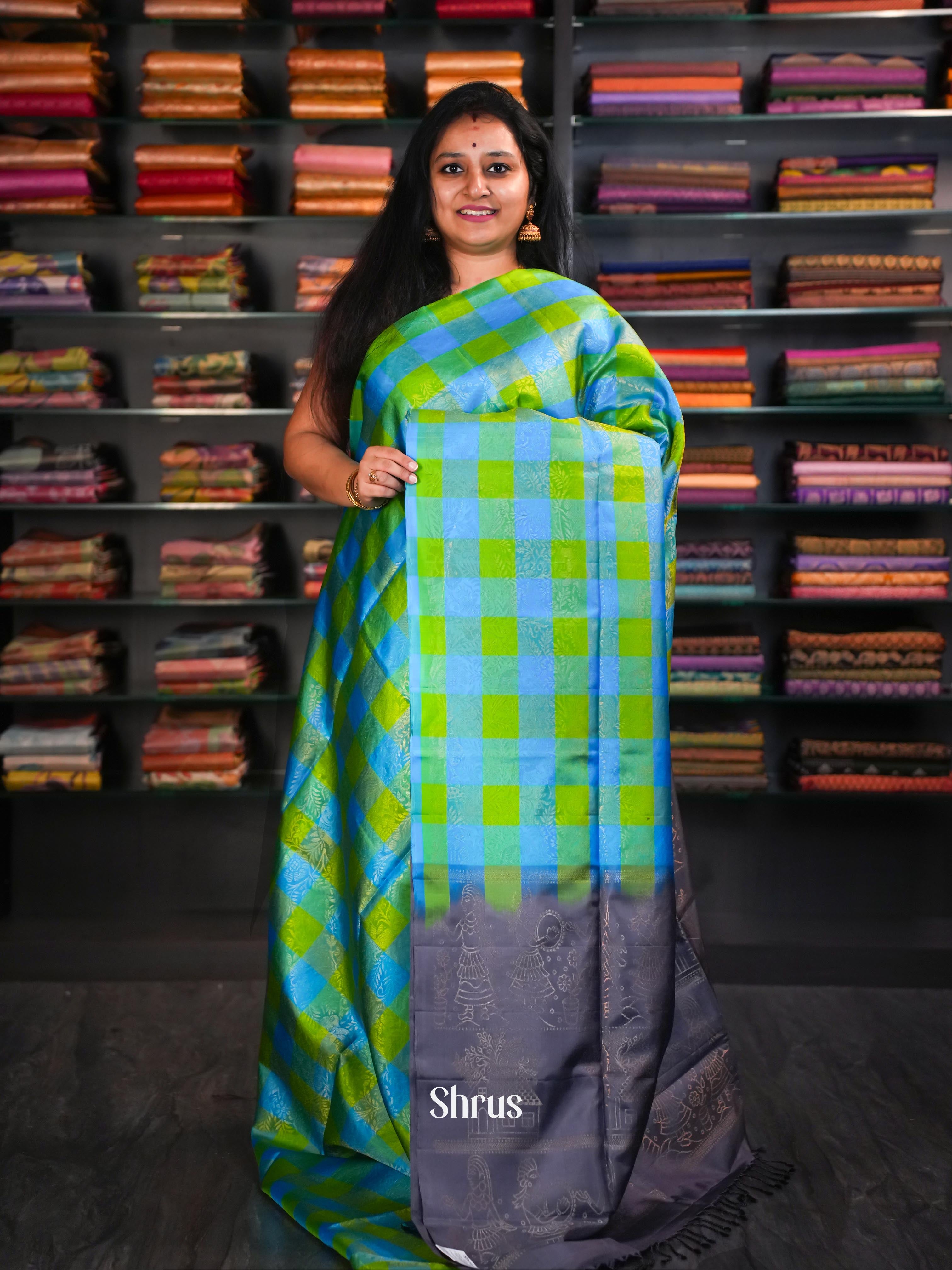 Blue & Grey  - Soft Silk Saree