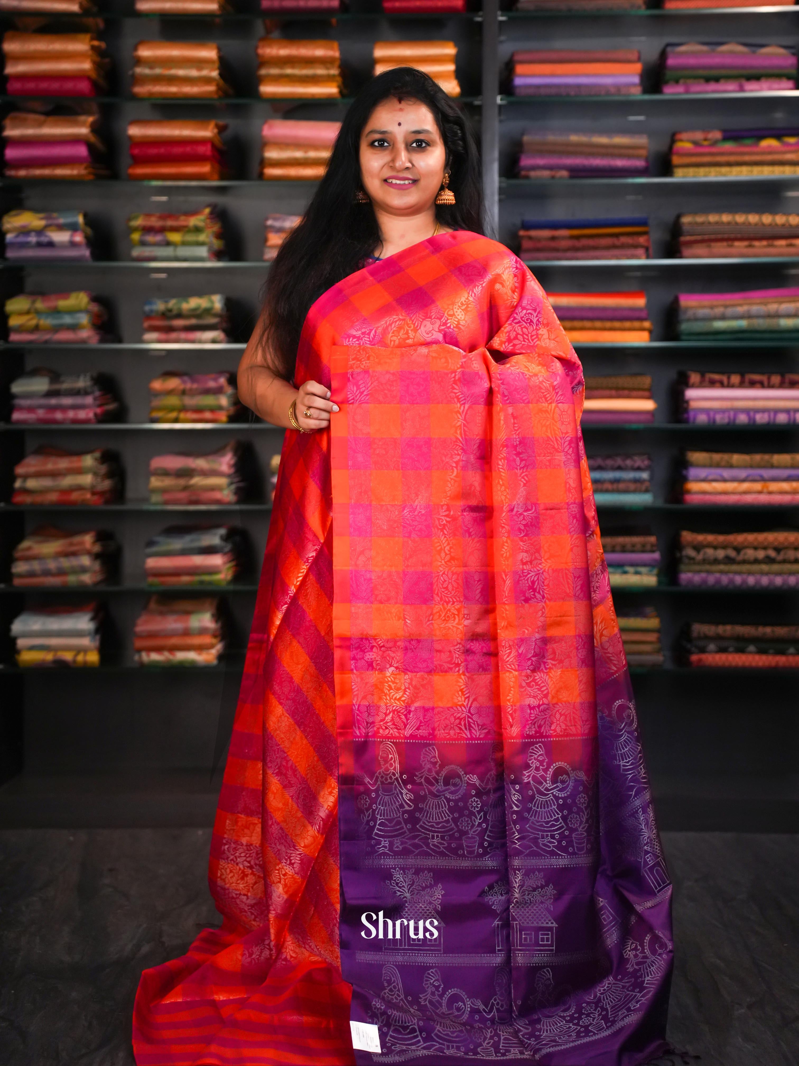 Purple & Orange & Pink  - Soft Silk Saree