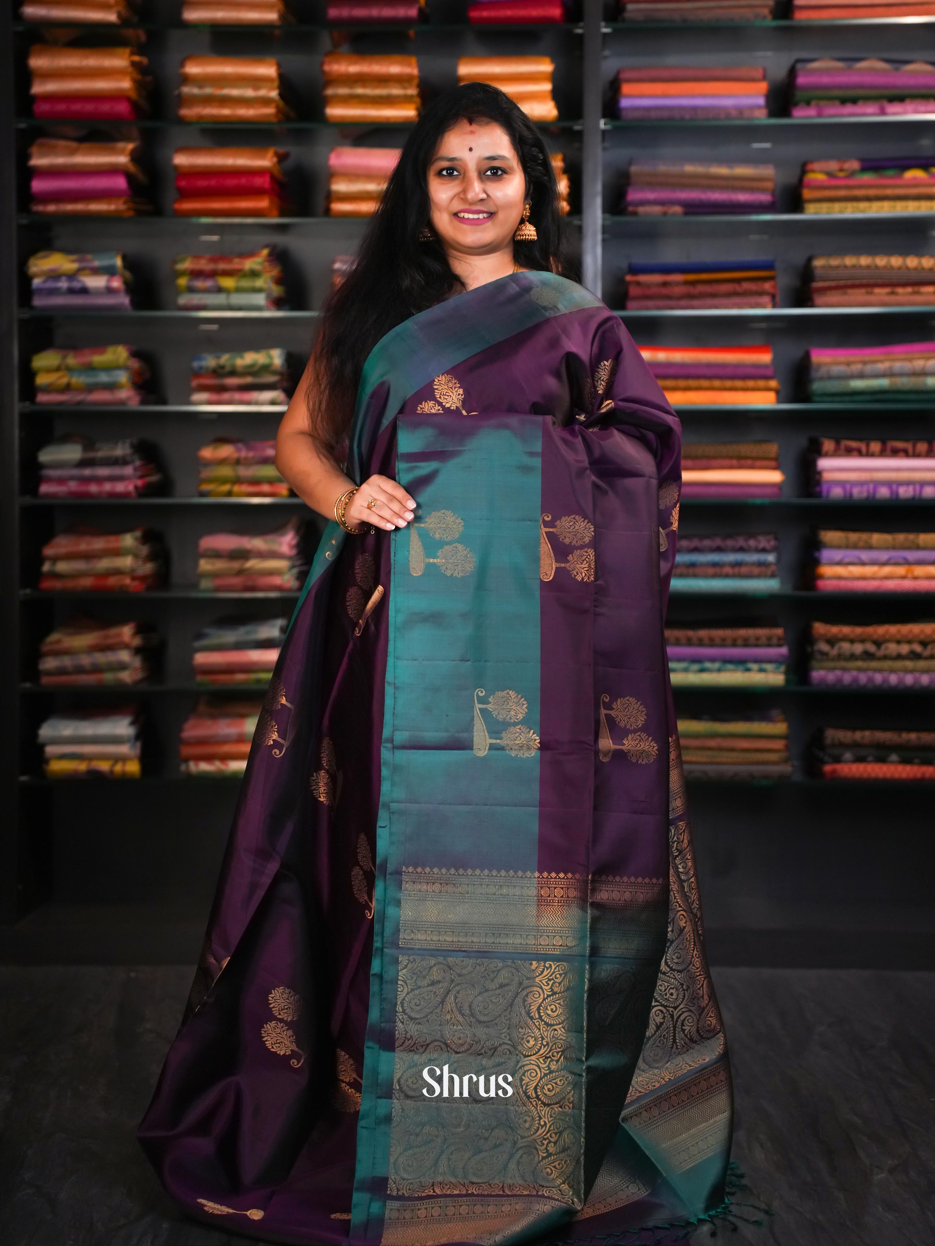 Burgundy  & Double Shaded Green  - Soft Silk Saree