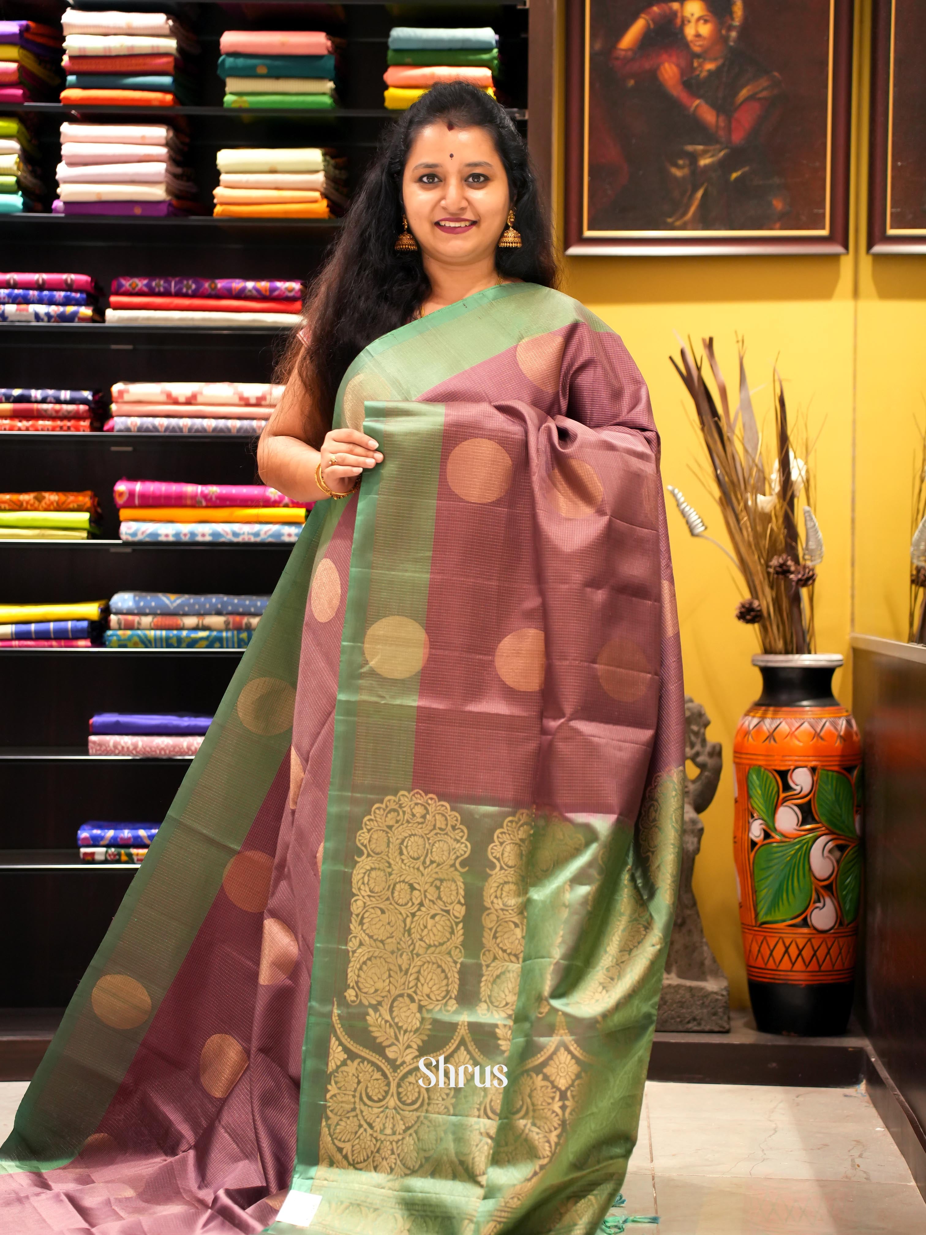 Lite Brown & Green - Soft Silk Saree