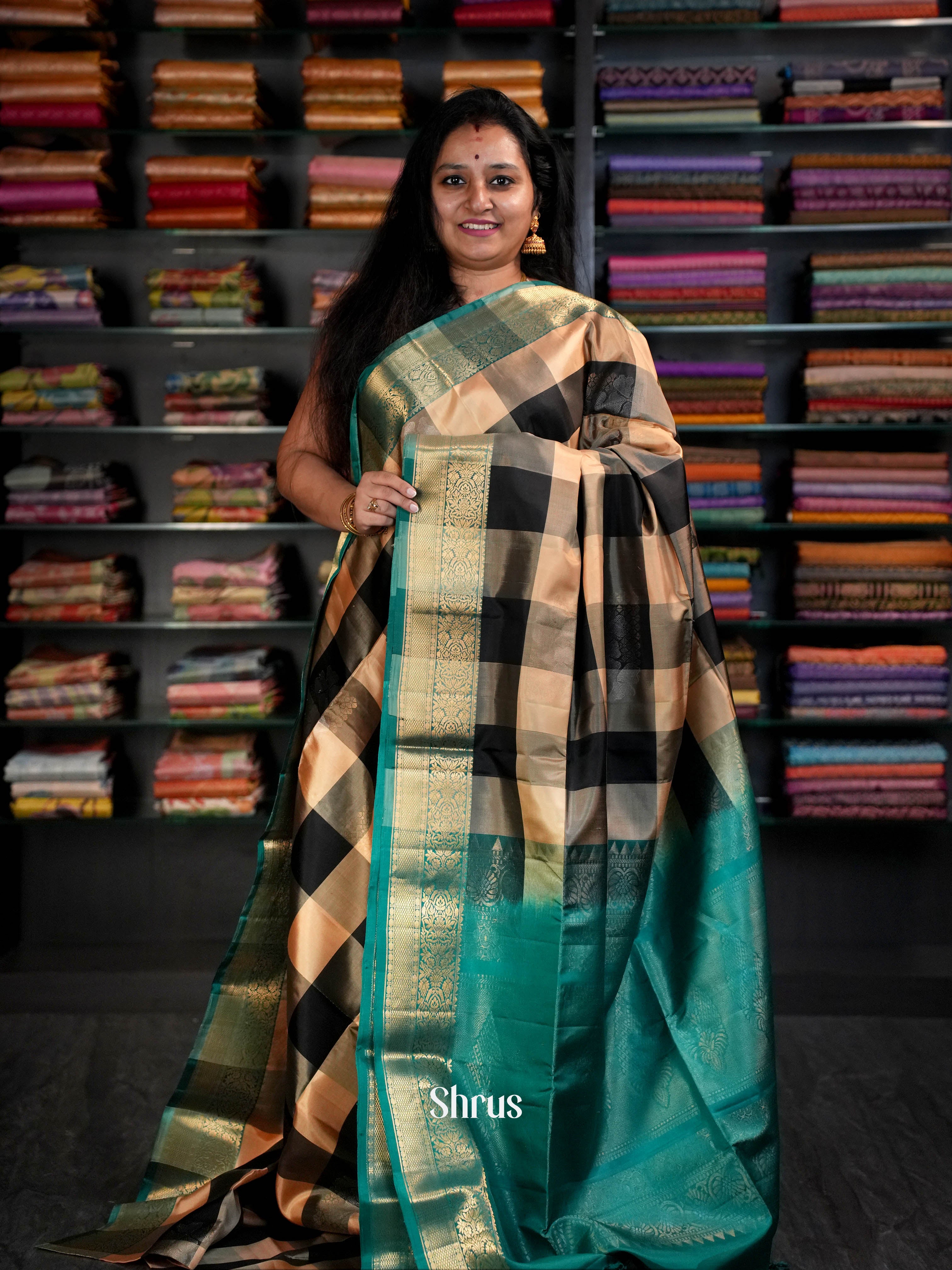 Black , Peach & Green - Kanchi Border Soft Silk Saree