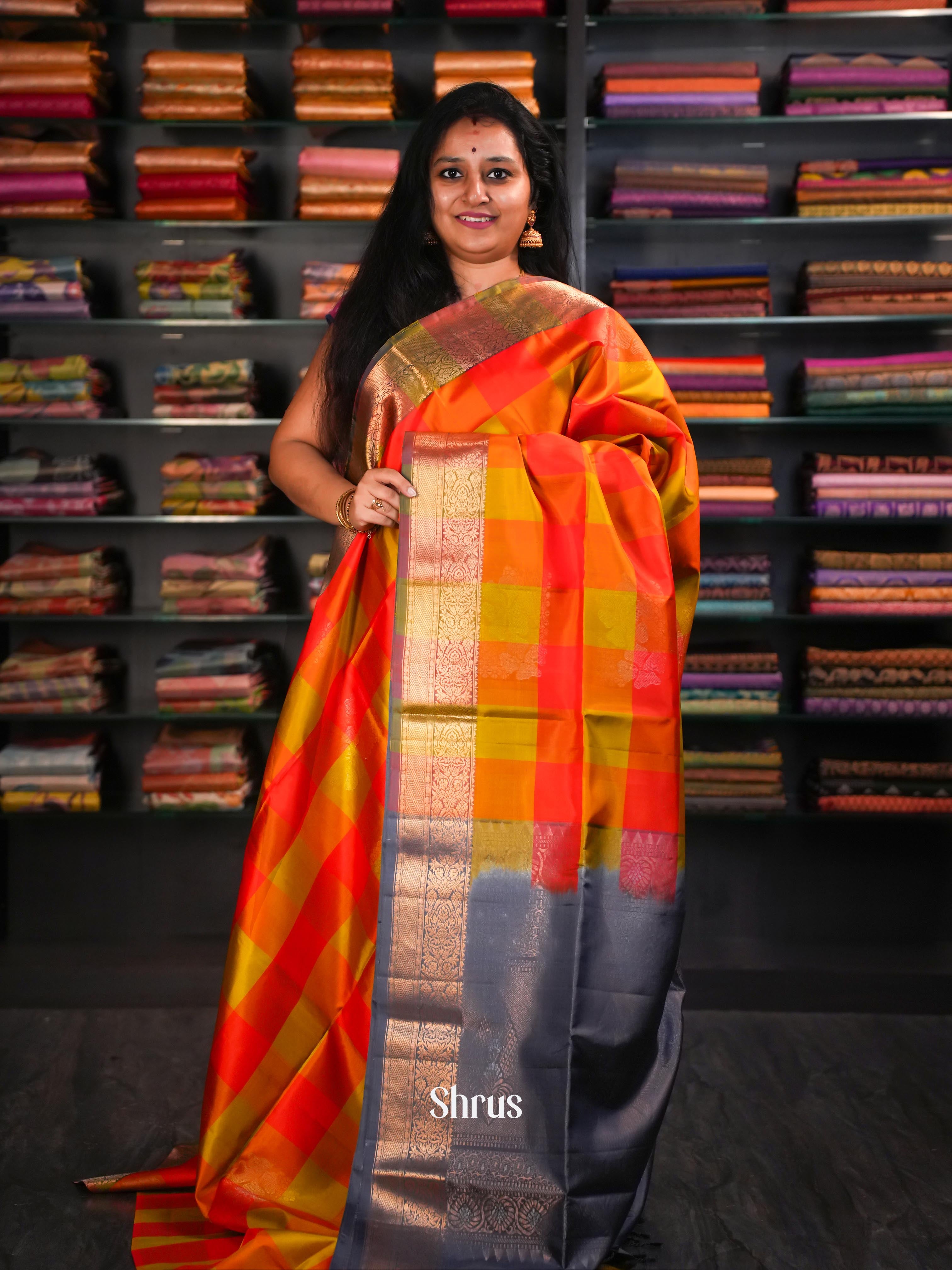 Reddish Orange & Grey  - Soft Silk Saree