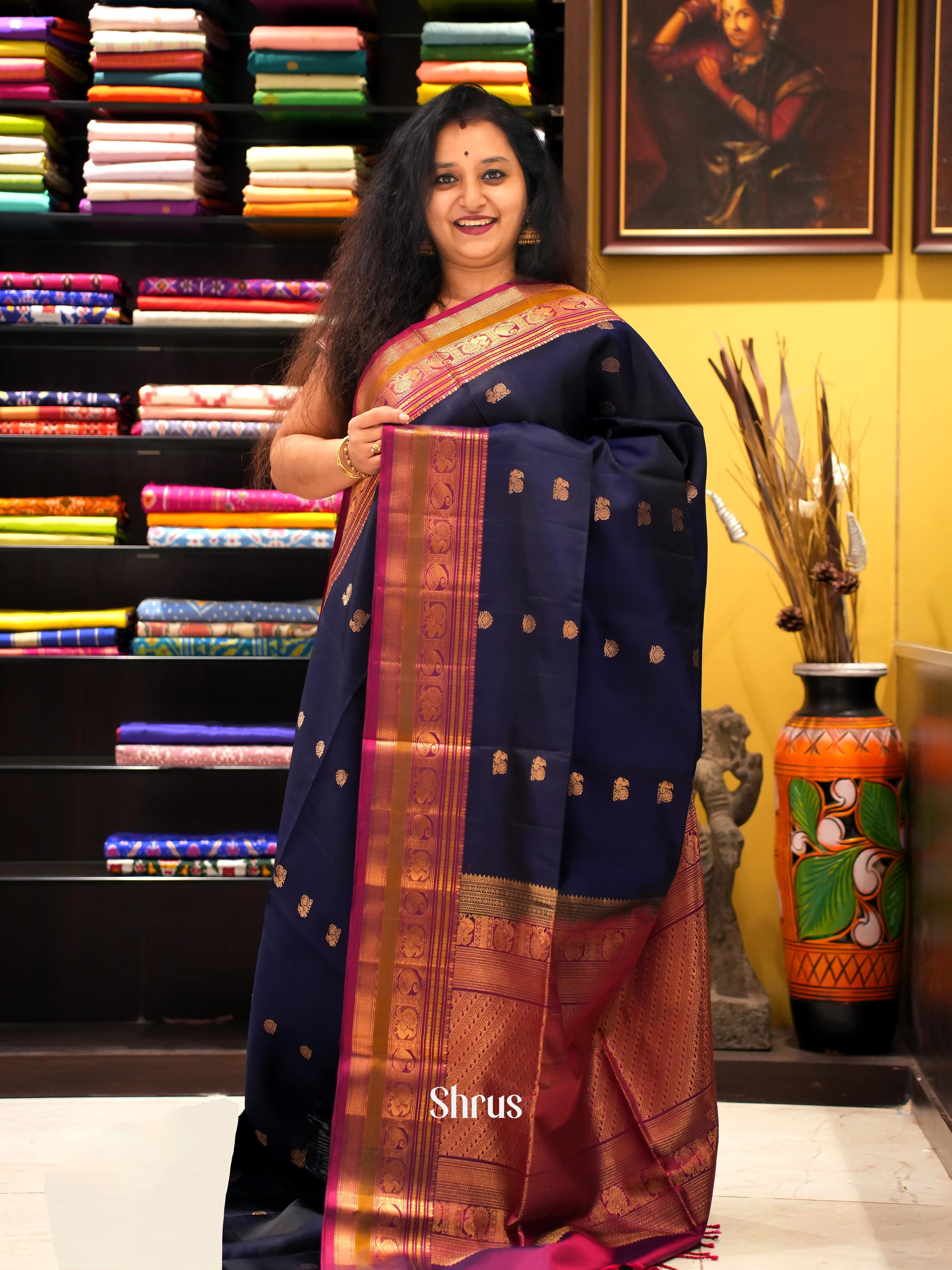 Navy Blue & Wine - Soft Silk Saree