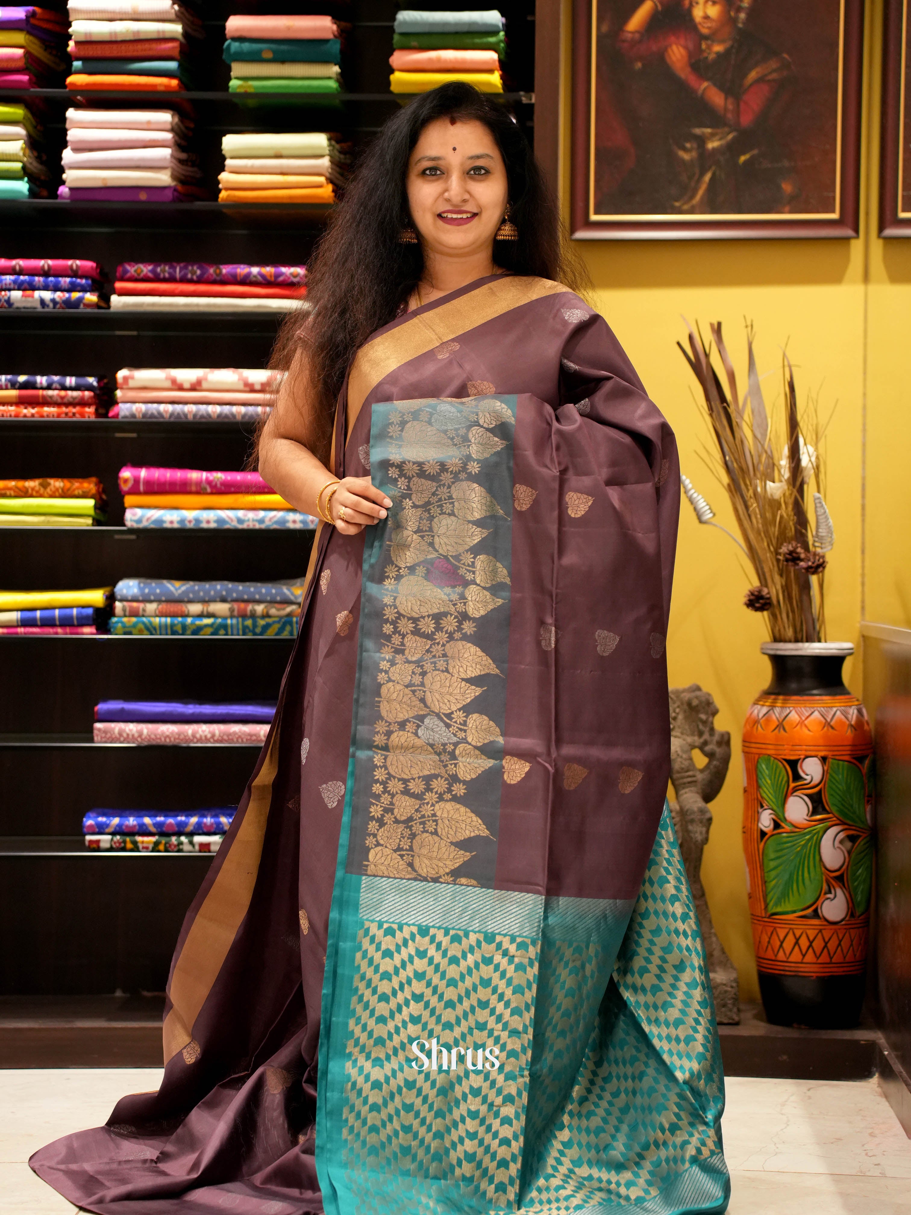 Brown & Green - Soft Silk Saree