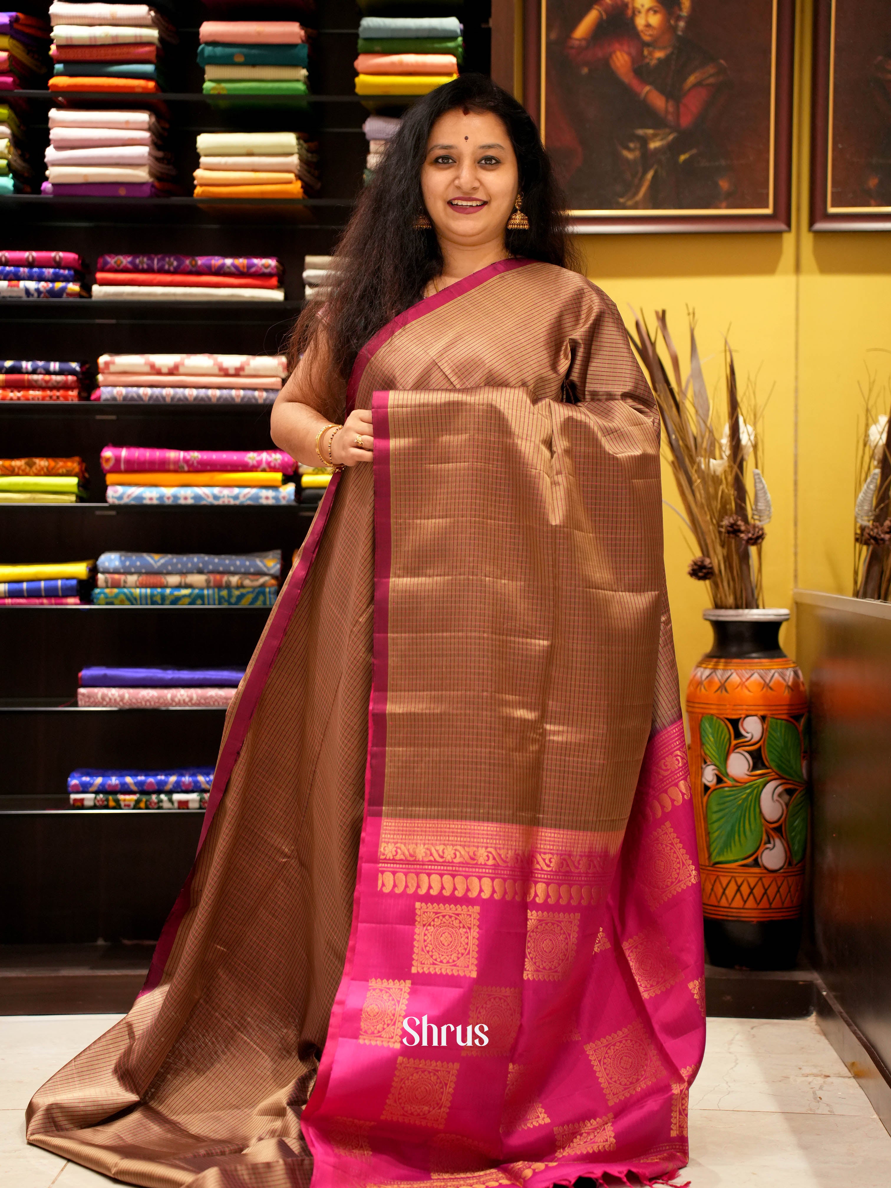 Brown  & Pink  - Soft Silk Saree