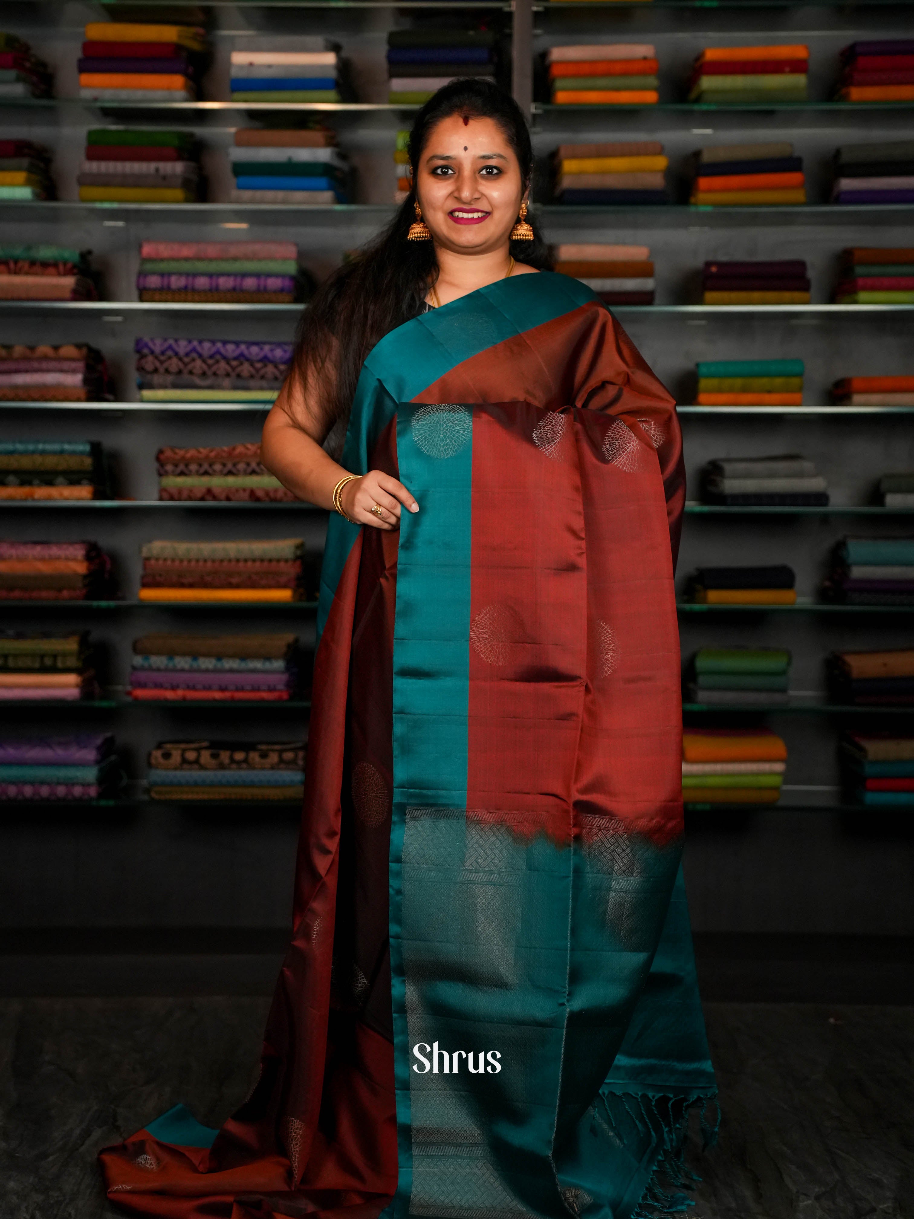 Bluish Green & Sienna Brown  - Softsilk-halfpure Saree