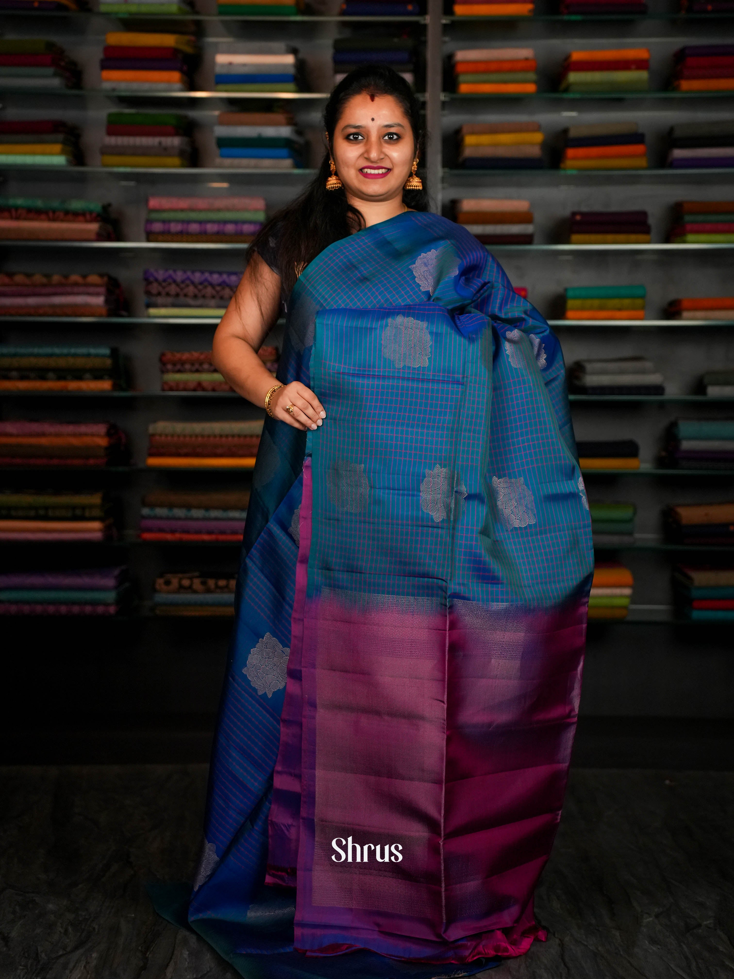 Double Shaded Blue With Green & Majenta  - Softsilk-halfpure Saree