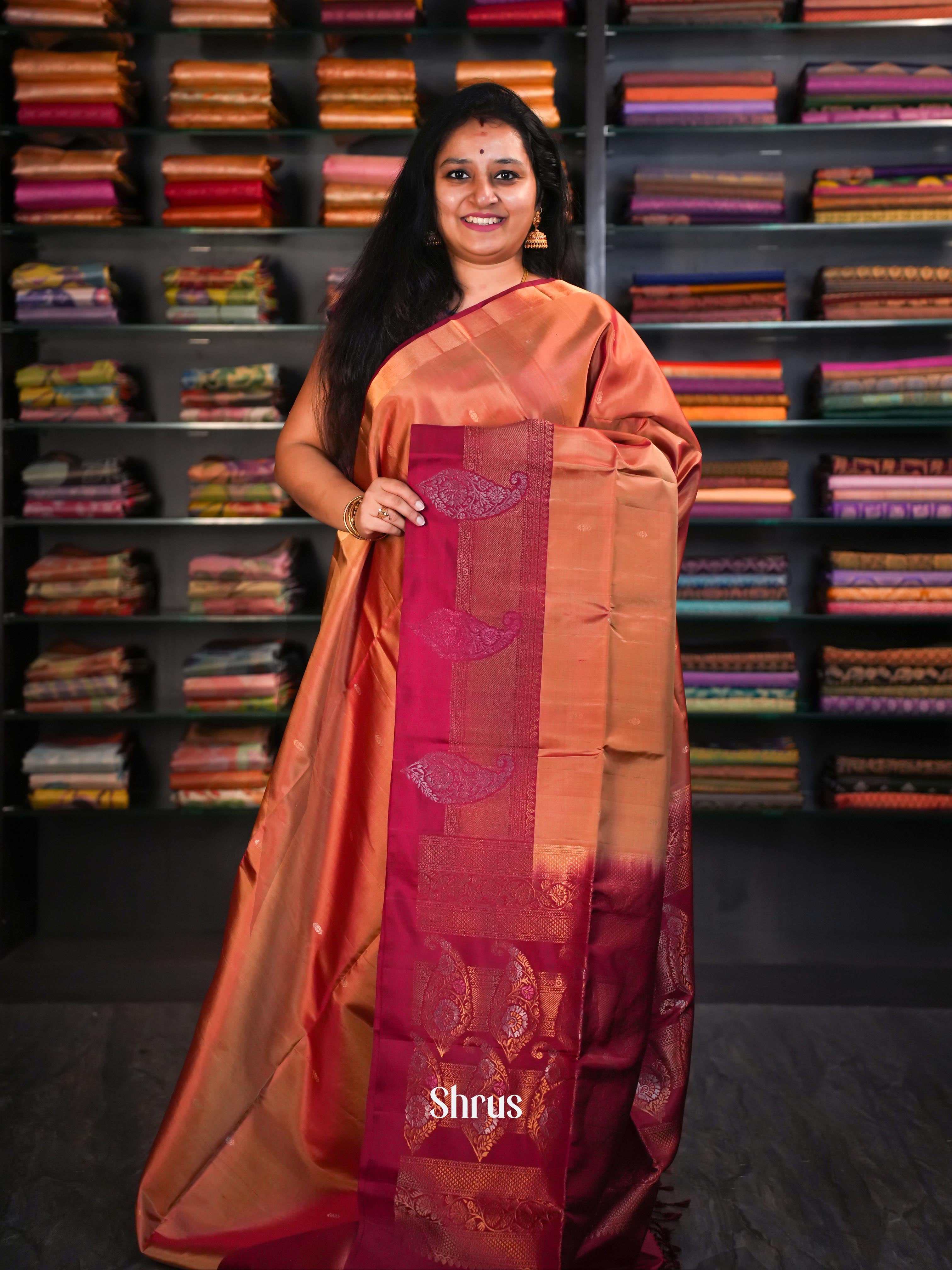 Maroon & Orange Brown  - Soft Silk Saree