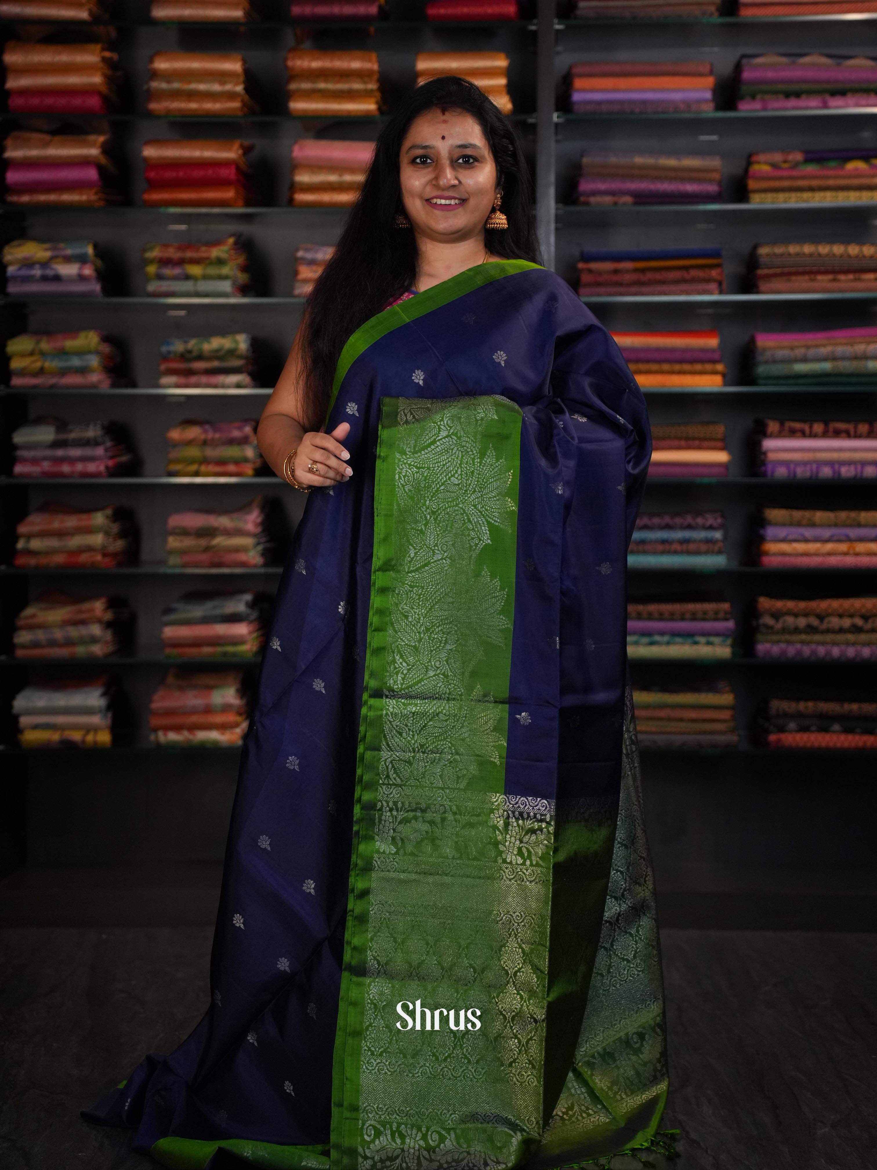 Navy Blue & Green  - Soft Silk Saree