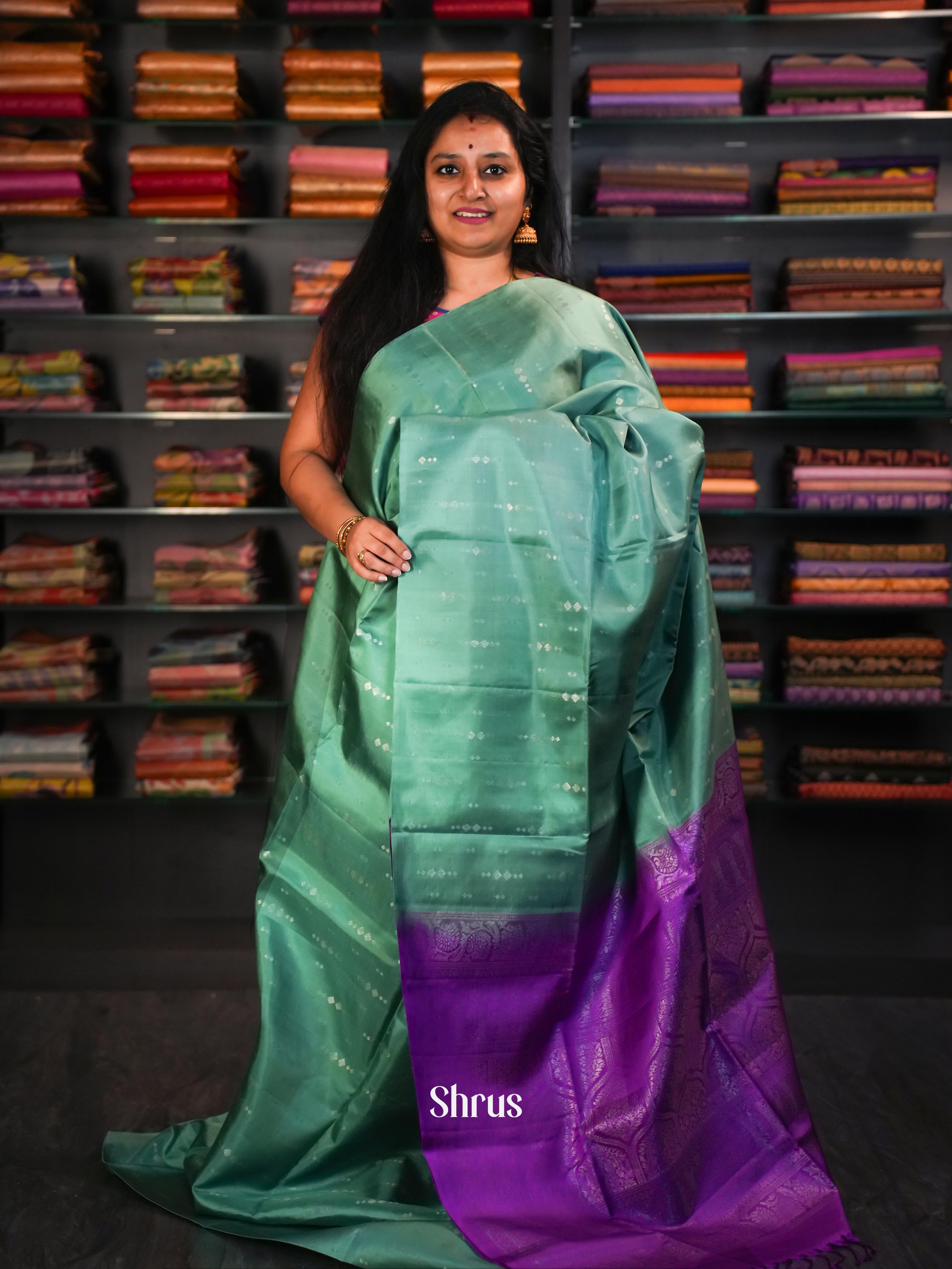 Green Teal & Purple  - Soft Silk Saree