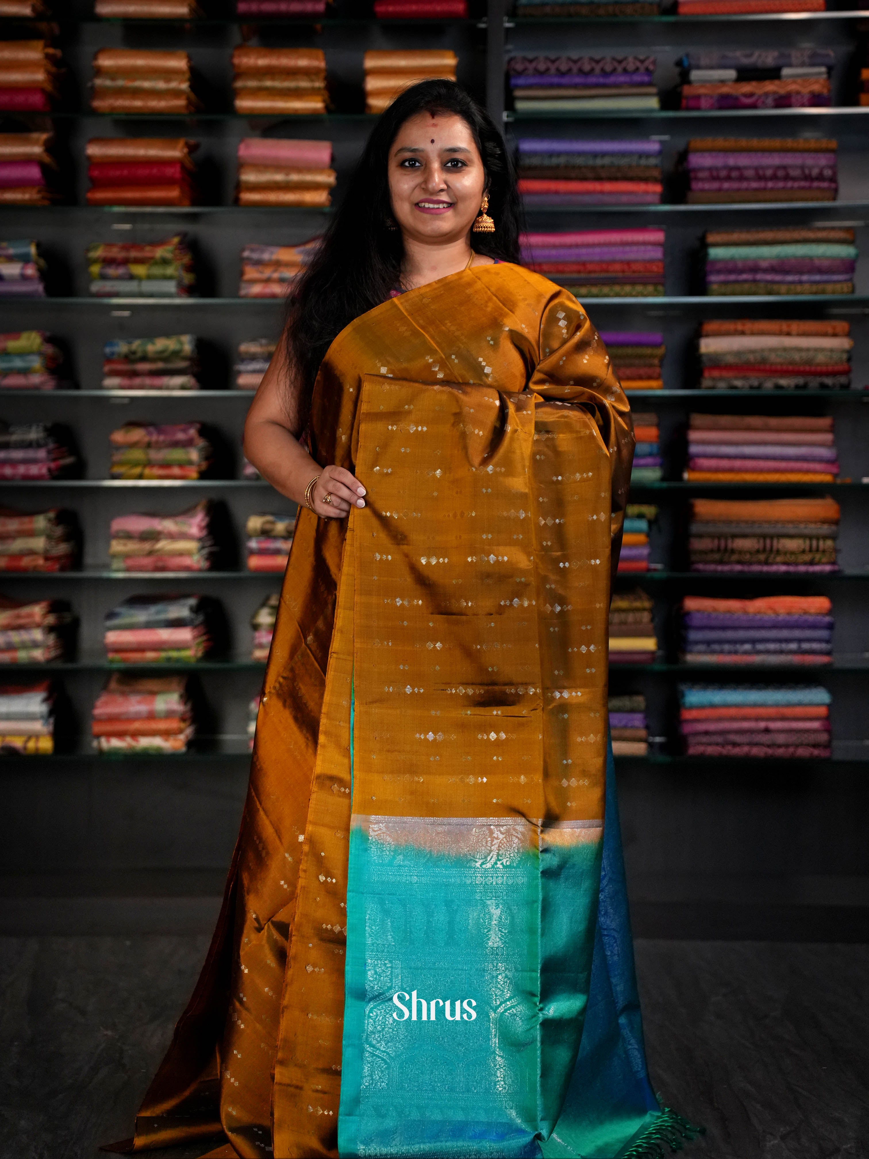 Teal & Golden Brown - Soft Silk Saree