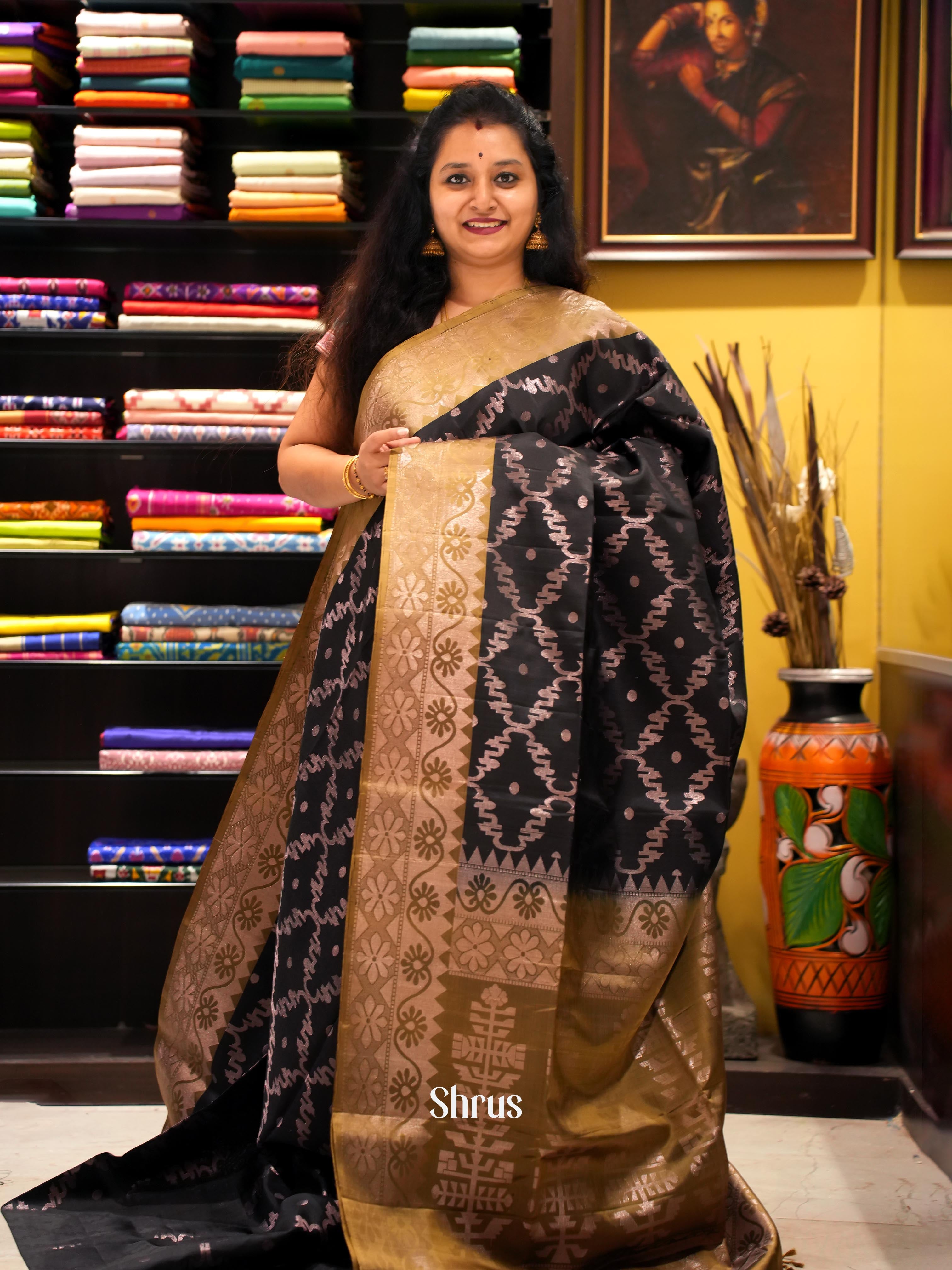 Black & Mehandi - Soft Silk Saree