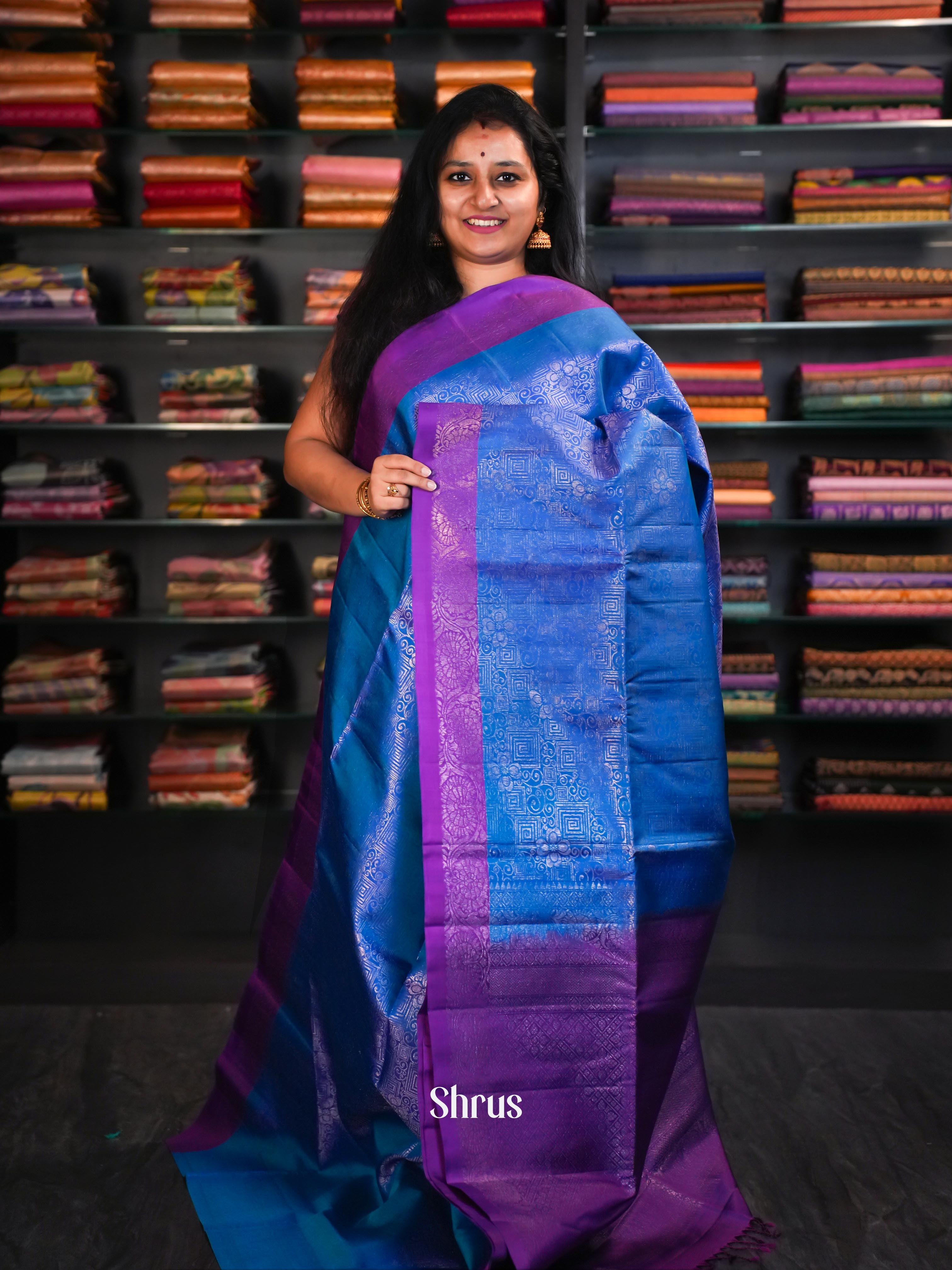 Fancy Blue & Purple  - Soft Silk Saree