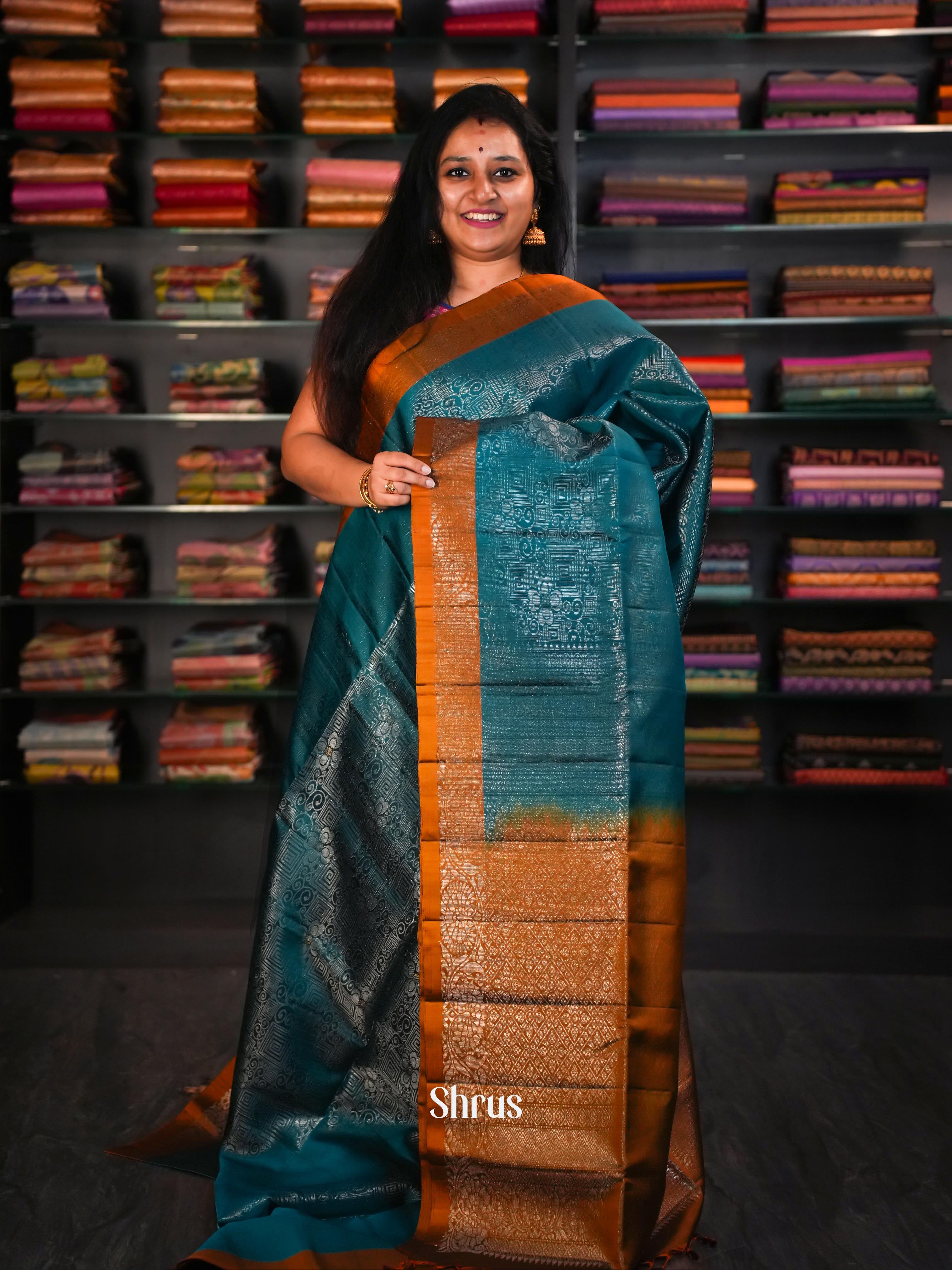 Bluish Green & Brown  - Soft Silk Saree