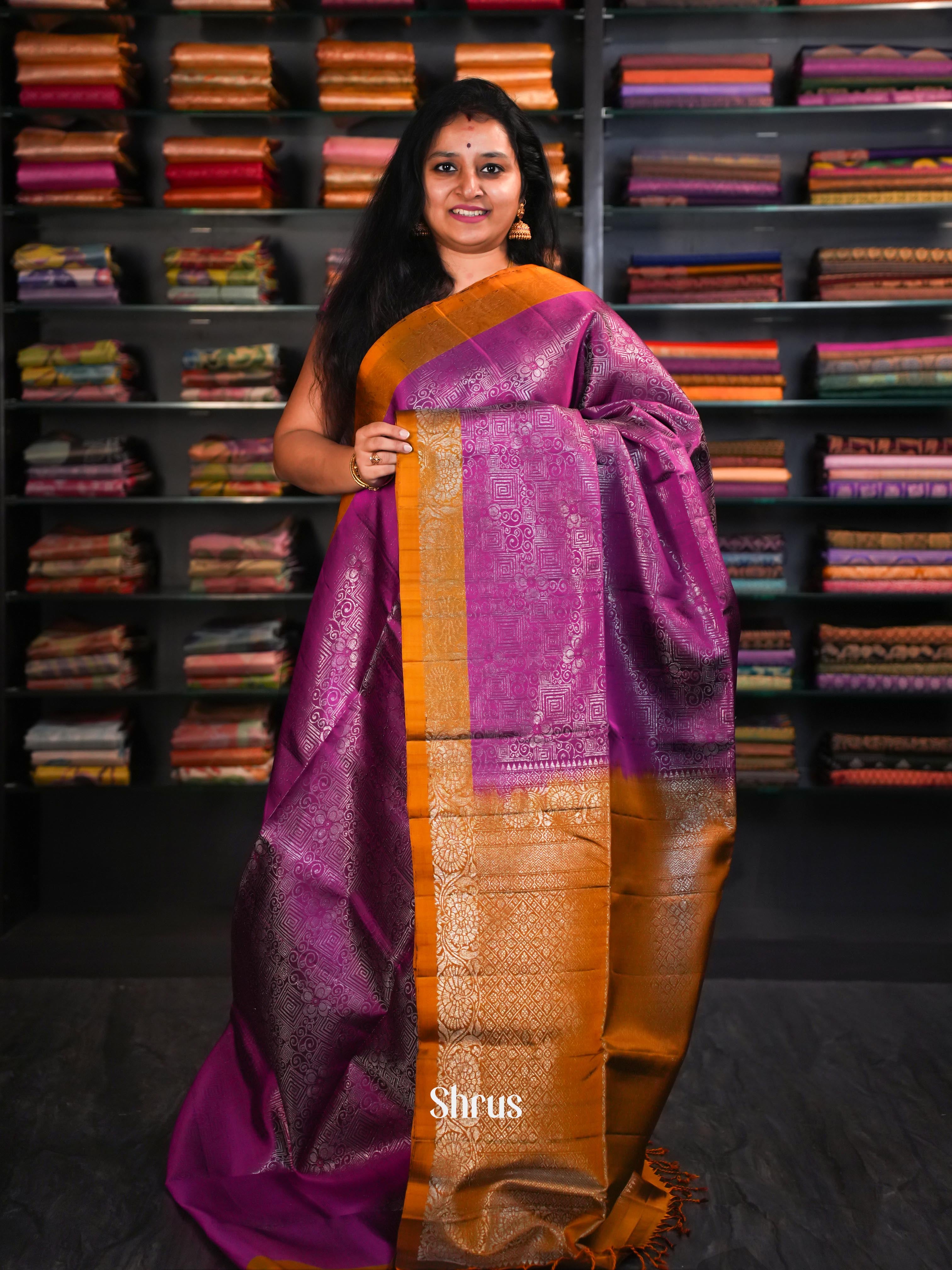 Pinkish Maroon & Golden Brown  - Soft Silk Saree