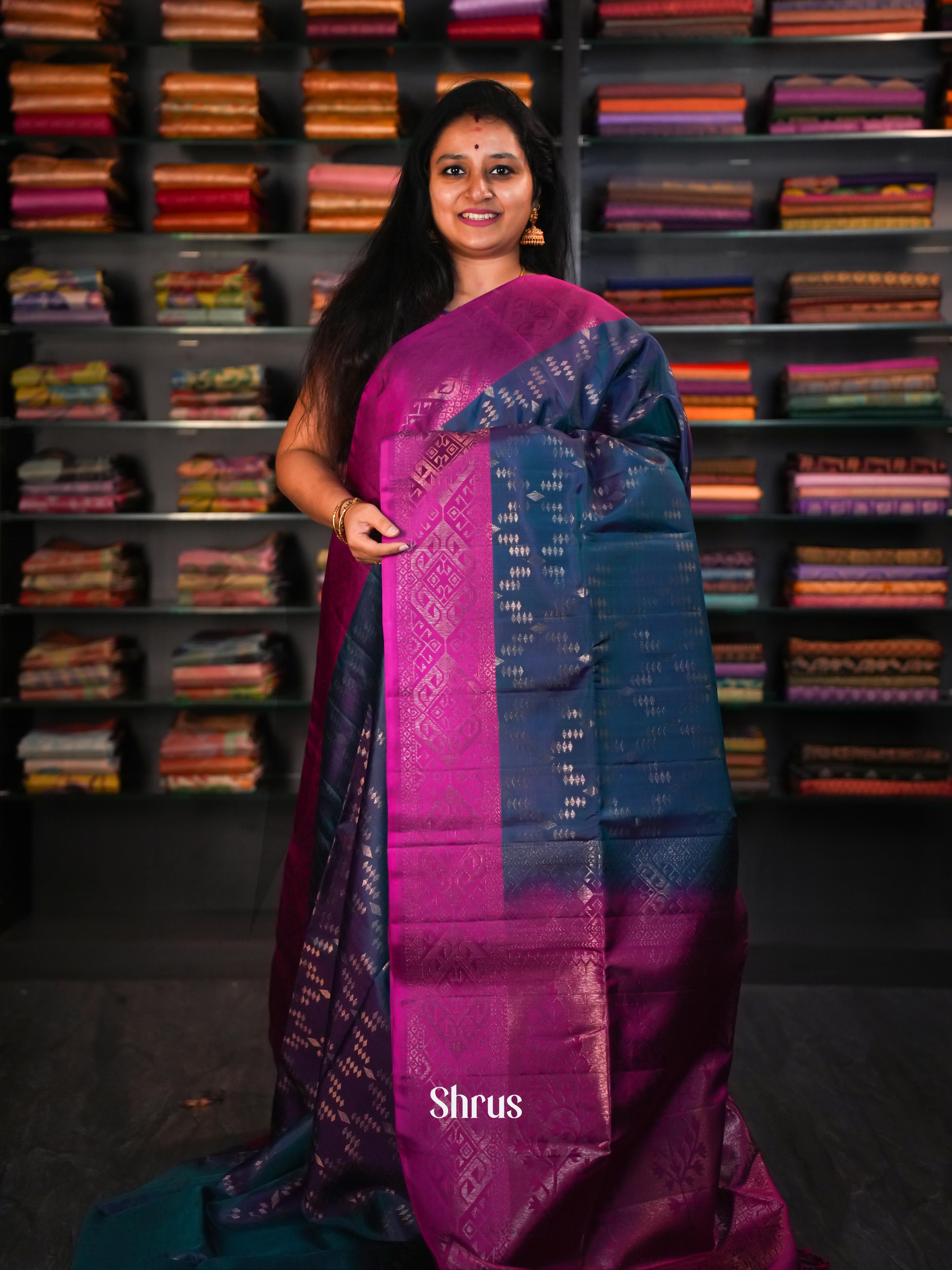 Peacock Green & Violet Red  - Soft Silk Saree