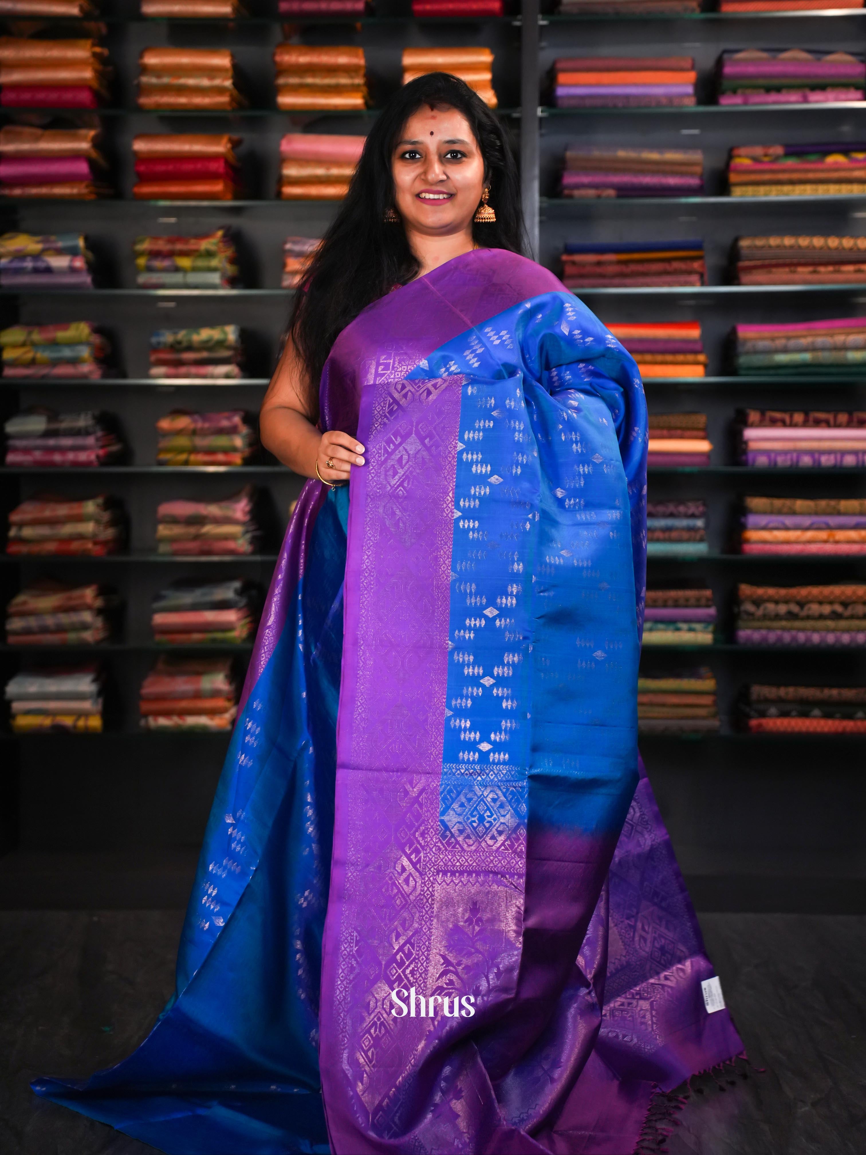 Fancy Blue & Purple  - Soft Silk Saree