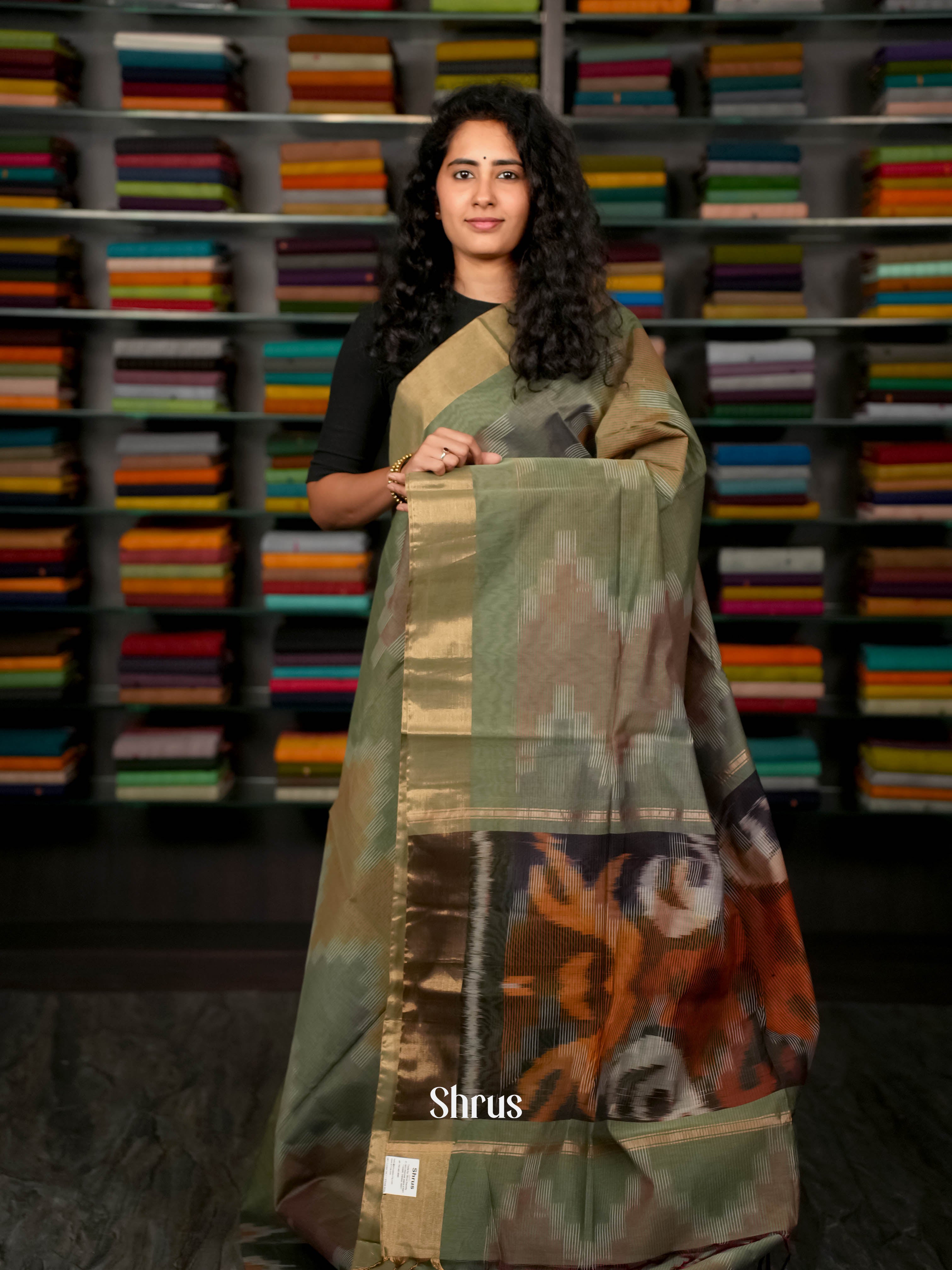 Greenish Grey  - Ikkat Kora Saree