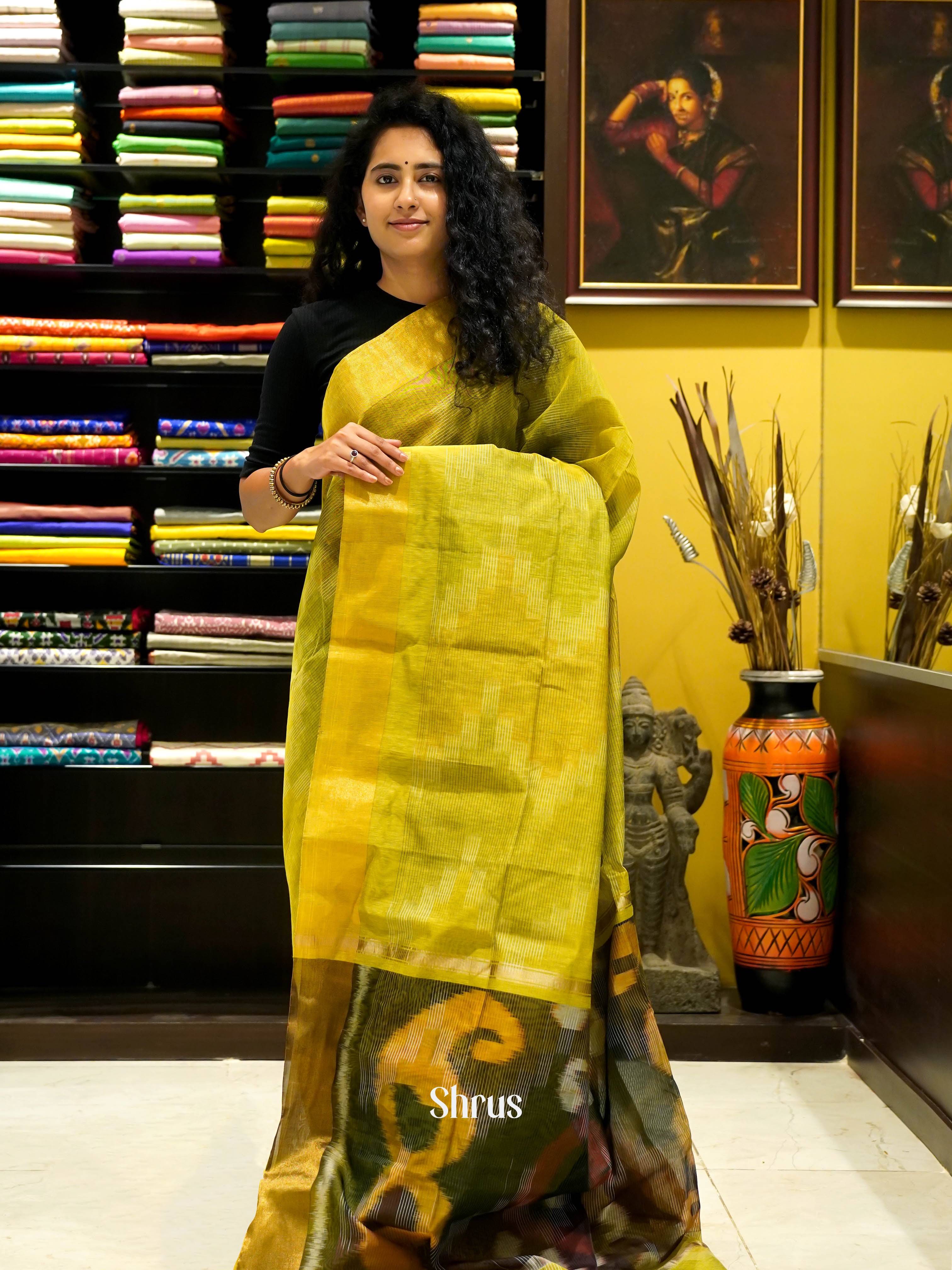 Greenish Yellow - Ikkat Kora Saree